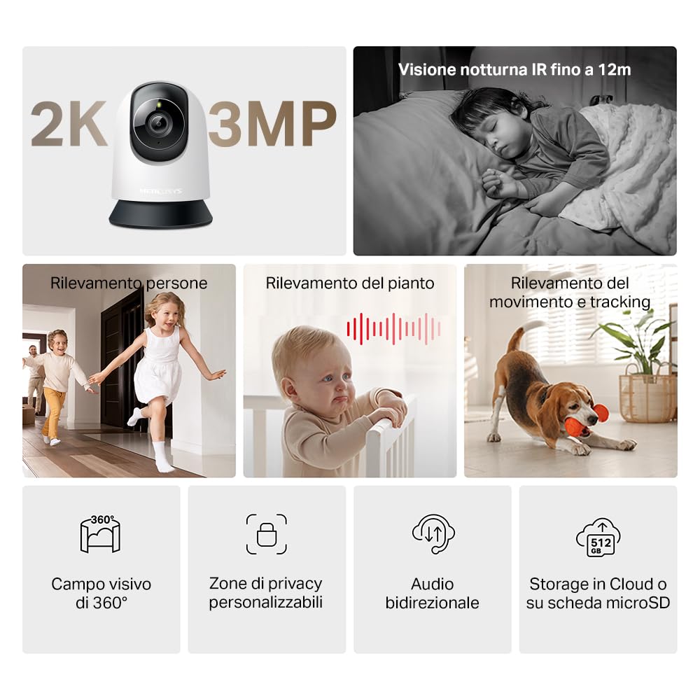 MERCUSYS MC210 Telecamera Wi-Fi Interno 2K 3MP, Videocamera Sorveglianza 360°, Visione Notturna, Audio a 2 Vie, Rilevamento di Movimento/Notifiche/Allarme, ZonaPrivacy, Supporta microSD fino a 512 GB