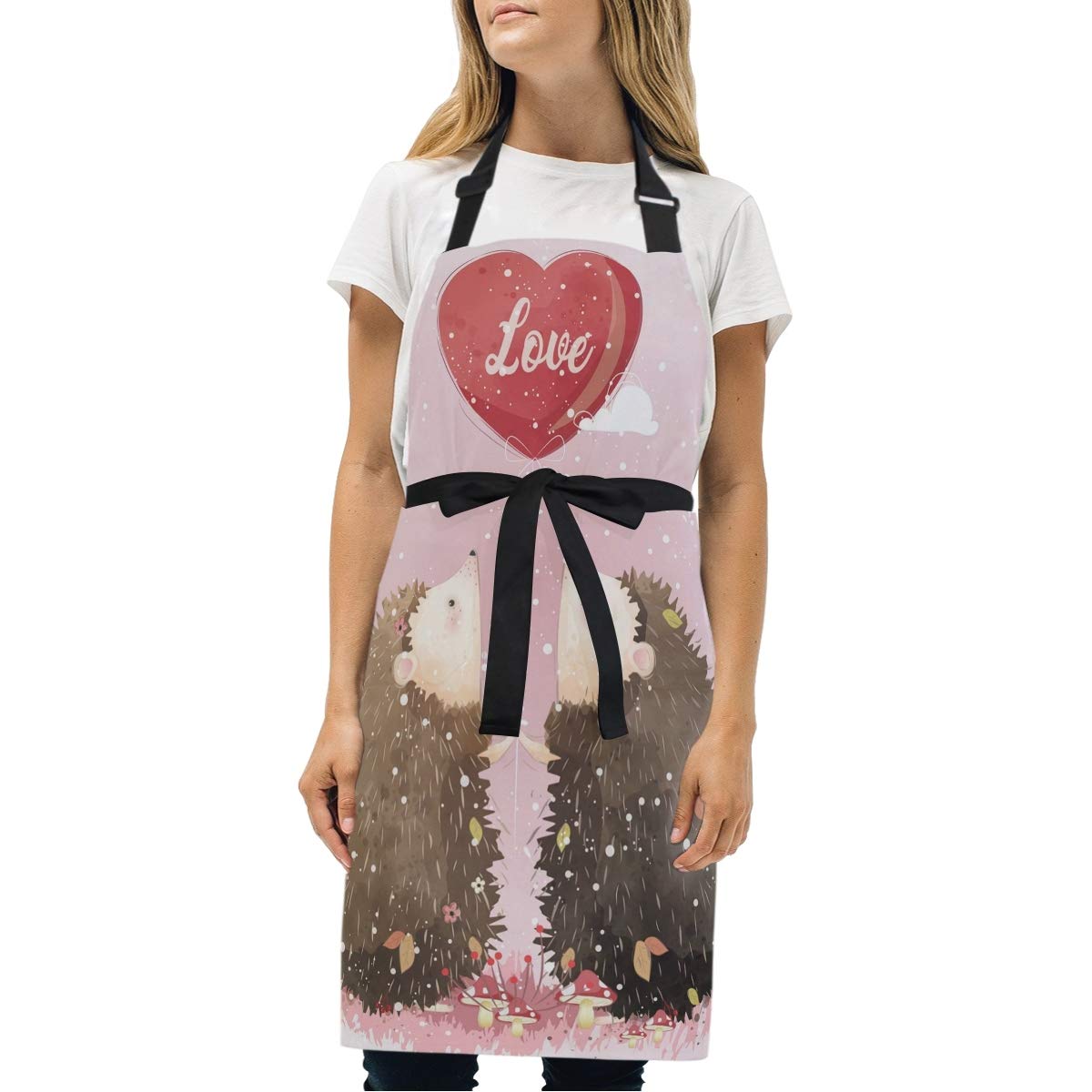 Sawhonn Cute Love Heart Hedgehog Apron for Women Chef Cooking Baking Clothes Adjustable Neck Strap Bib Aprons with 2 Pockets for Waiter Waitress