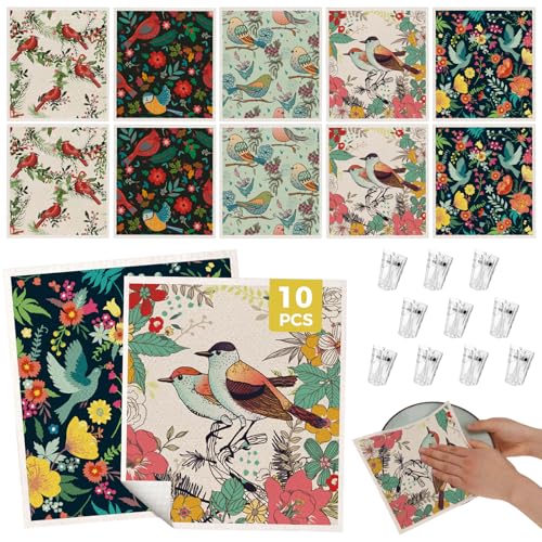wlich 10PCS Swedish Dishcloths for Kitchen Reusable Dish Rags for Washing Dishes with Clips Non-Scratch Kitchen Towels and Dishcloths Sets Washable Swedish Dish Cloths No Odor(Birds Flowers)