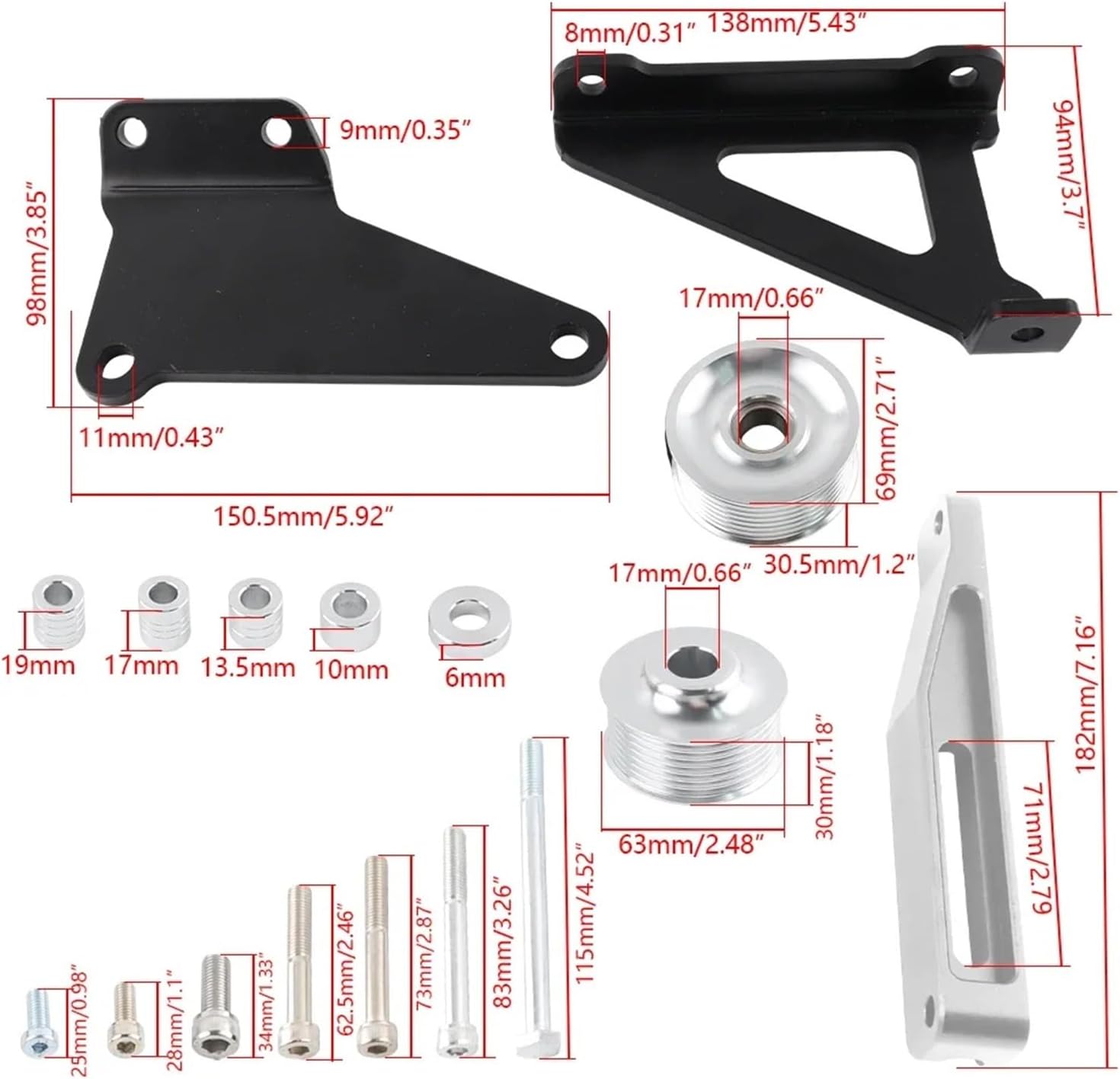 A/C & P/S Eliminator Delete Pulley Kit Compatible For Honda Acura K20 K24 Engines K Series(Black)