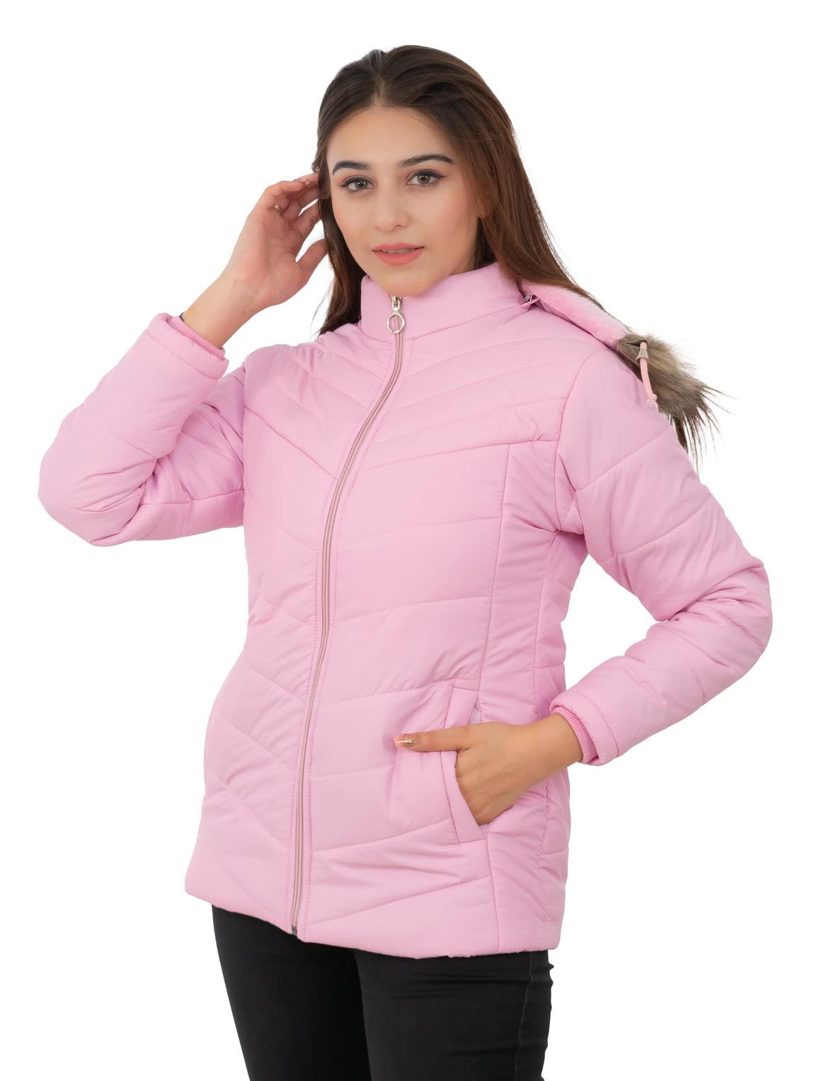 Women's Winter Jacket, Stand Collar, Quilted Polyester with Fleece Lining, Water Resistant, Regular Fit, Side Pockets, Black-image-7
