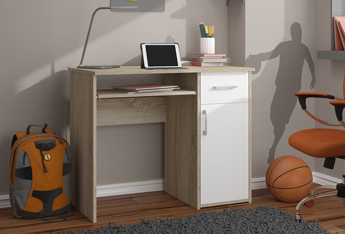 AKORD Scrivania per PC PIN con ripiano per tastiera, scrivania piccola con cassetti, scrivania per computer, scrivania da ufficio, 1 cassetto, 1 ripiano con porta, 90 x 74 x 50 cm, 29 kg, rovere