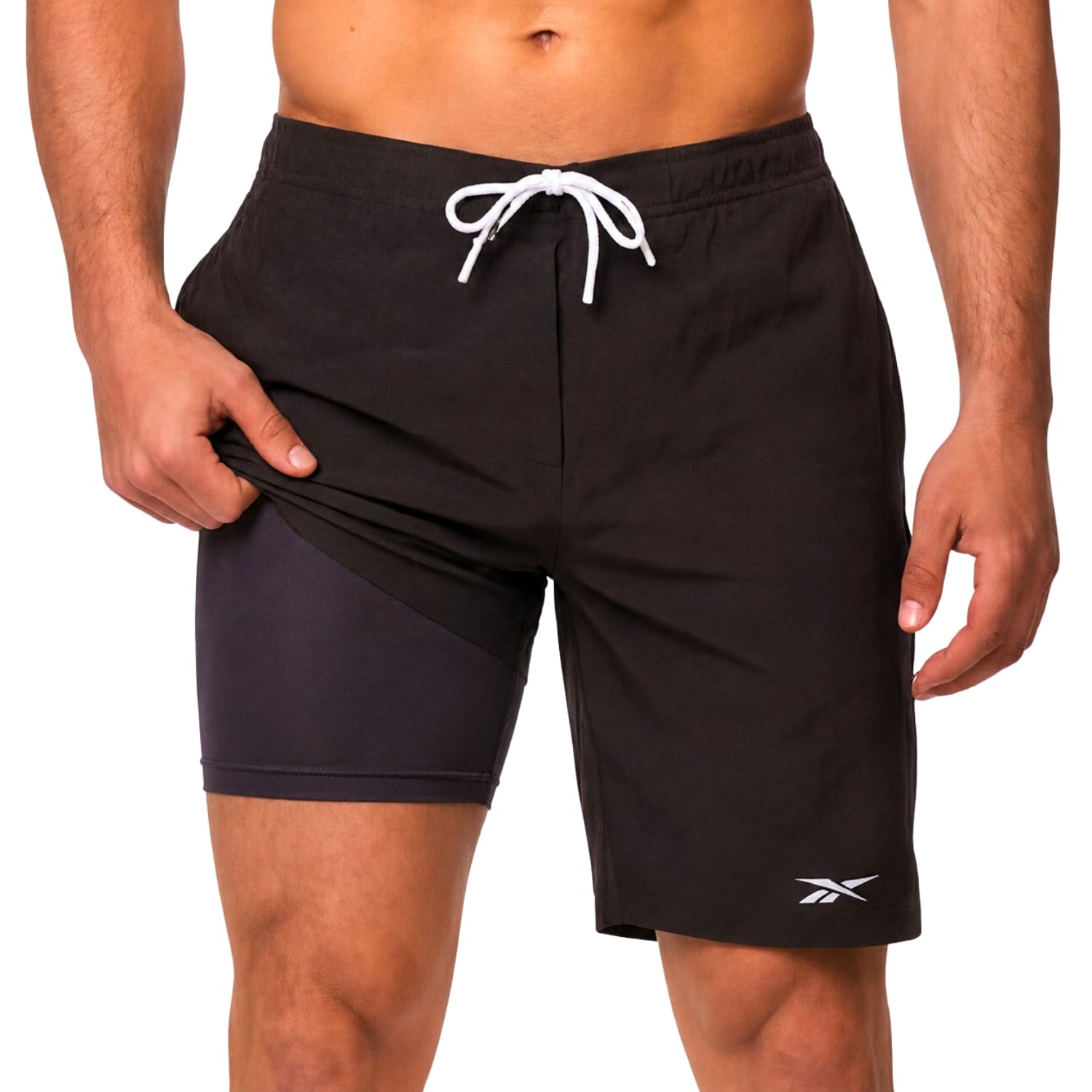 reebok men's 9" swim trunks, compression liner boardshorts, bathing suit