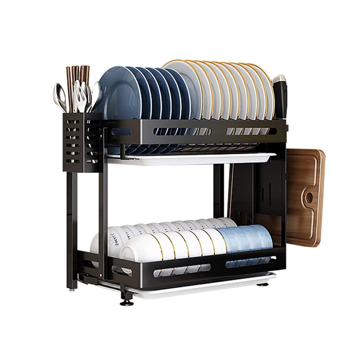 SaryEdge Dish Drainers 2 Tier Dish Drainer Rack,Dish Racks Over The Sink With Drip Tray,Foldable 2 Tier Kitchen Stainless Steel Frame Dish Rack With Cutlery Cage,Cutting Board R,