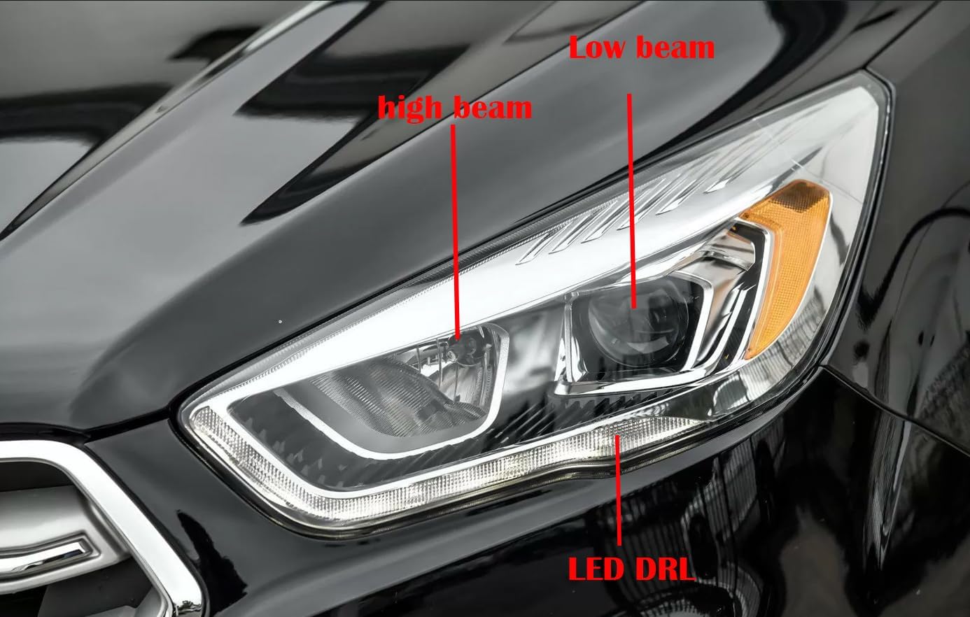 Headlights Assembly compatible with 2017 2018 2019 Ford Escape Halogen Projector Headlamp w/LED DRL Driver+Passenger,Chrome Headlamp Assembly
