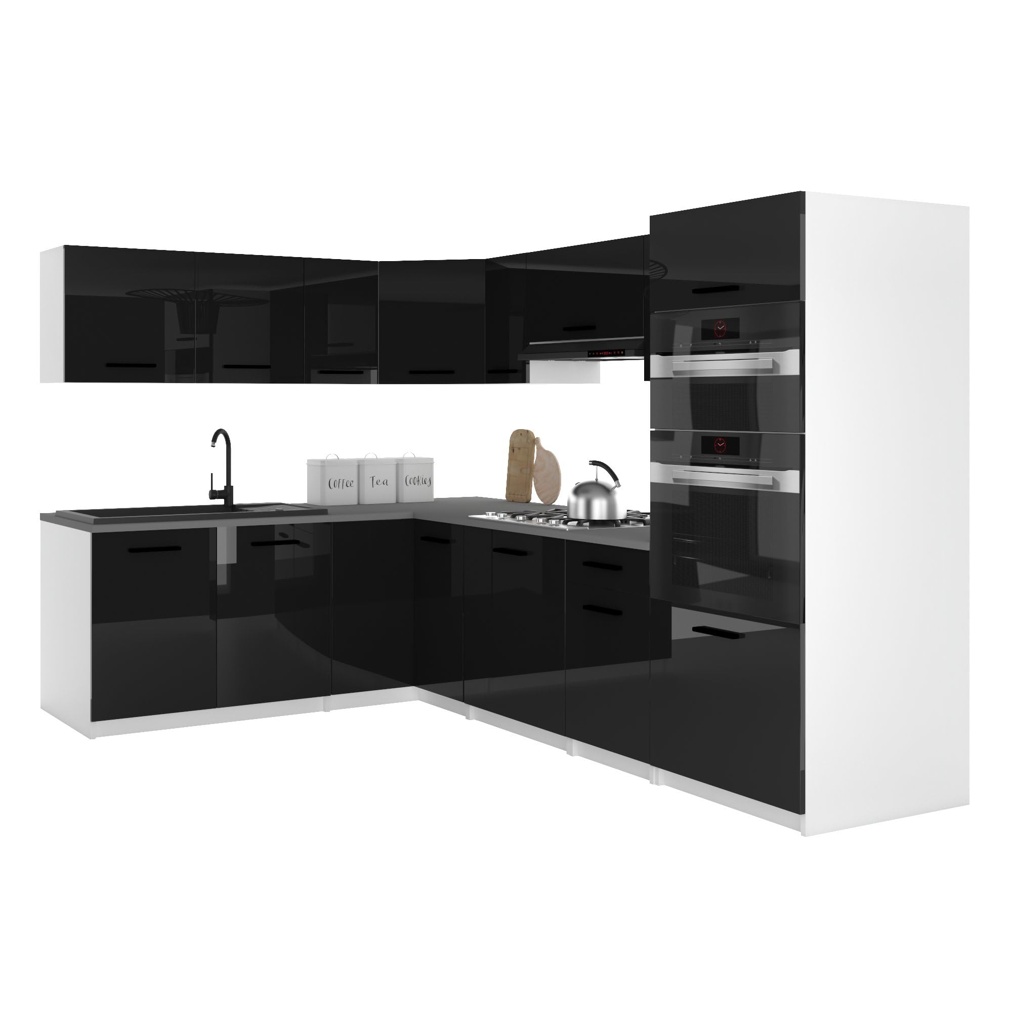 Belini Italia 8 Narożna szafka kuchenna 420cm Czarny | Narożna szafka kuchenna, białe skrzynki, ECONATURA DECOR odporna na zarysowania, bez sprzętu AGD, z blatem roboczym