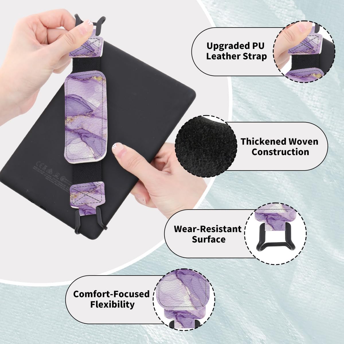 Secure Hand Strap for 6-7.5" Kindle and Tablets, Versatile Lightweight Faux Leather E-Book Grip Holder, Heavy-Duty E-Book Accessories for Reading Lover Gift (Purple Marble) image 3