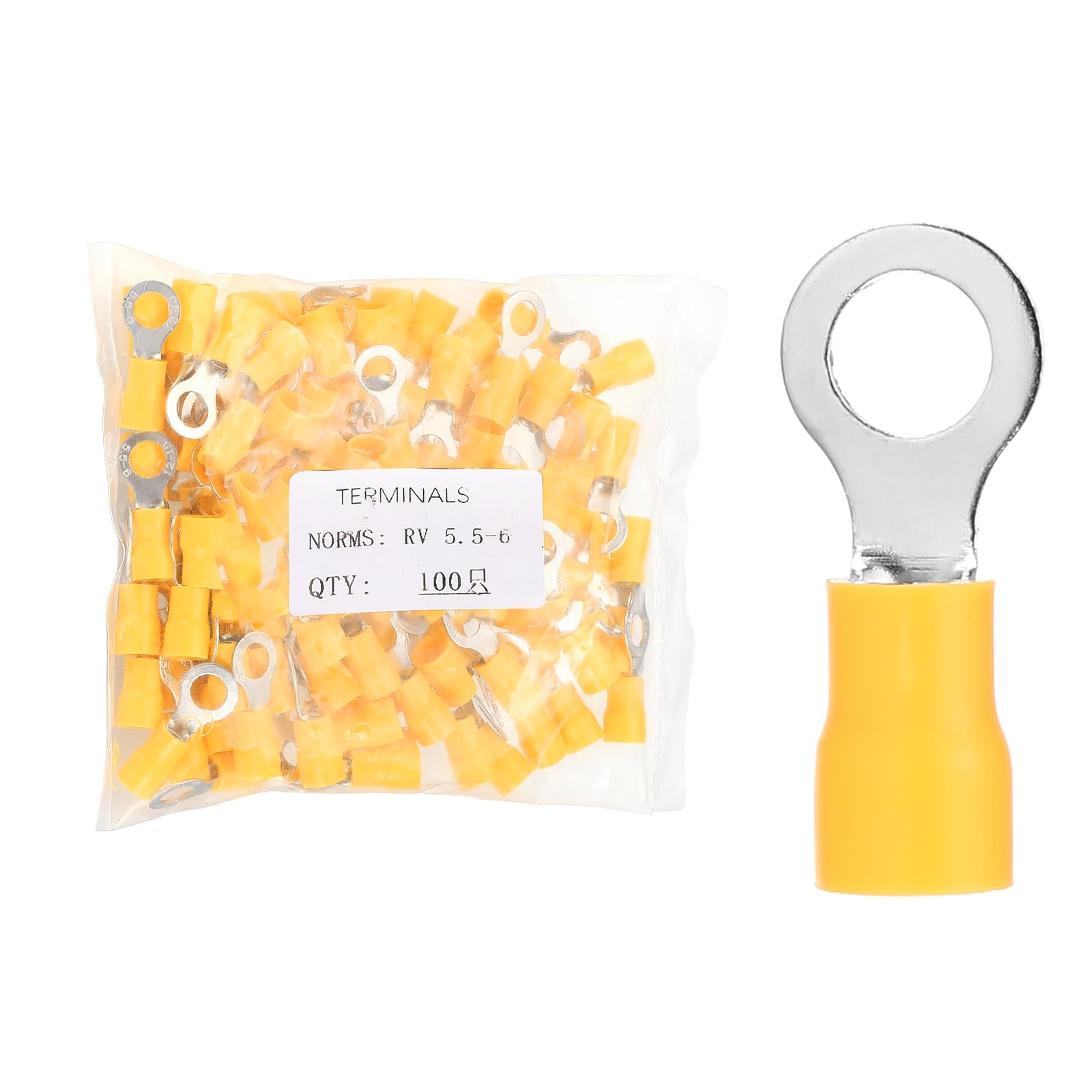 sourcing map 100pcs Terminals Ring Connectors #1/4" Tinned Copper Insulated Ring Crimp Terminals 12-10 Gauge for Electrical Industrial Chemical Project, Yellow