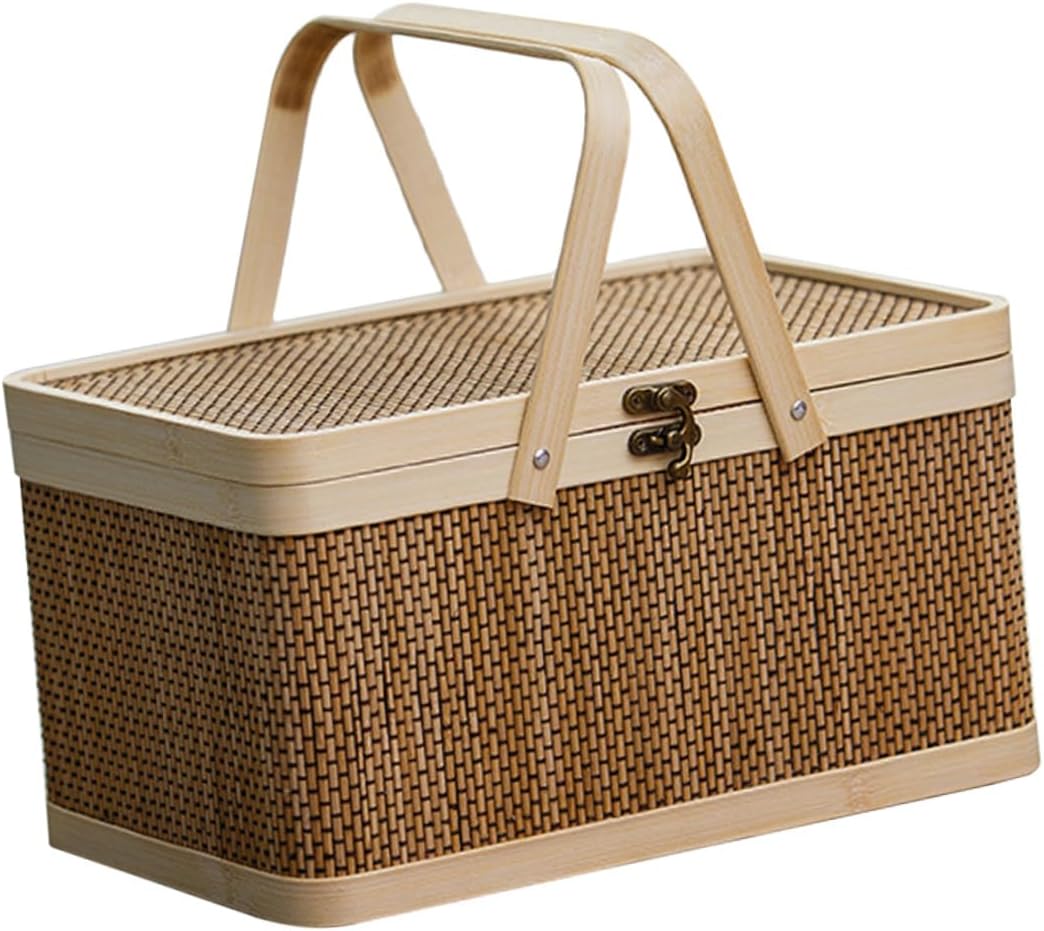 ibasenice Natural Woven Picnic Basket Handheld Storage Basket for Camping Hiking and Family Gatherings Rustic Design with Lid for Easy Access Present for Outdoor Enthusiasts