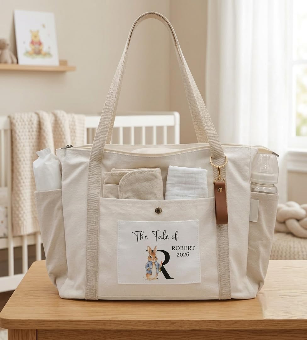 Personalised Bunny Diaper Bag Tote – Custom Name Monogrammed Canvas Baby Travel Bag with Insulated Bottle Pockets & Key Clip – Classic Neutral Nursery Theme