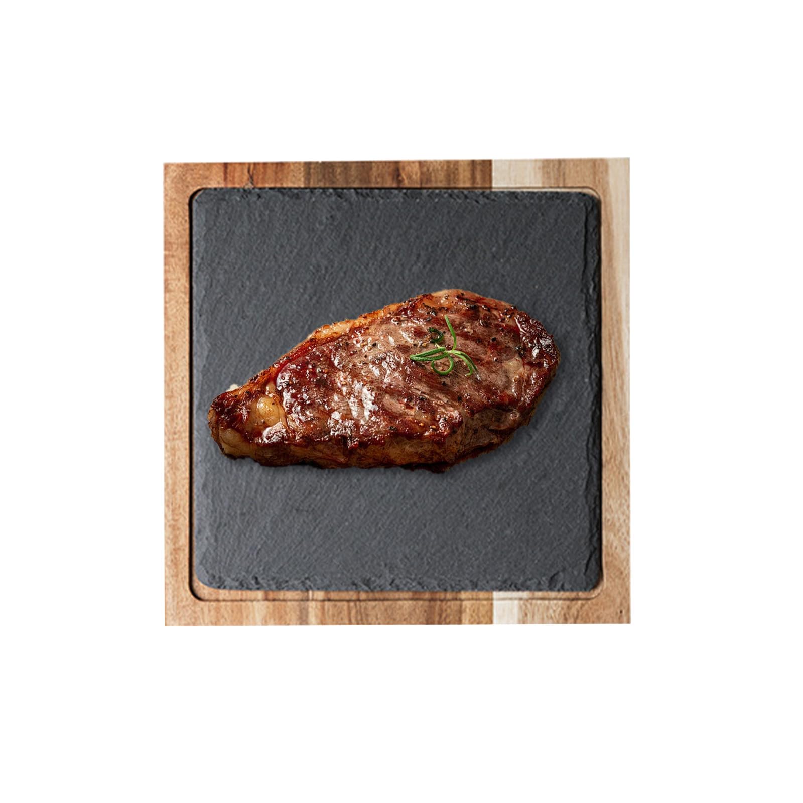 Plato de pizarra para servir carne y barbacoa, tabla de queso de madera de acacia y piedra natural, plato de carne para entrantes, plato de salmón, platos llanos occidentales (cuadrado)