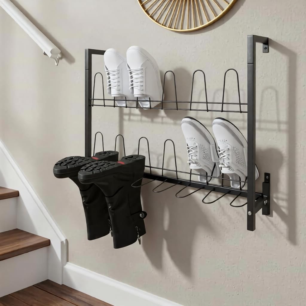 Metal Wall Mounted Shoe Rack, Premium Black Metal Hanging Wall Shoe Organizer for Walk in Closet, Mudroom and Entryway, Door Shoe Storage Hanger Shoe Holder, Holds 9 Pairs