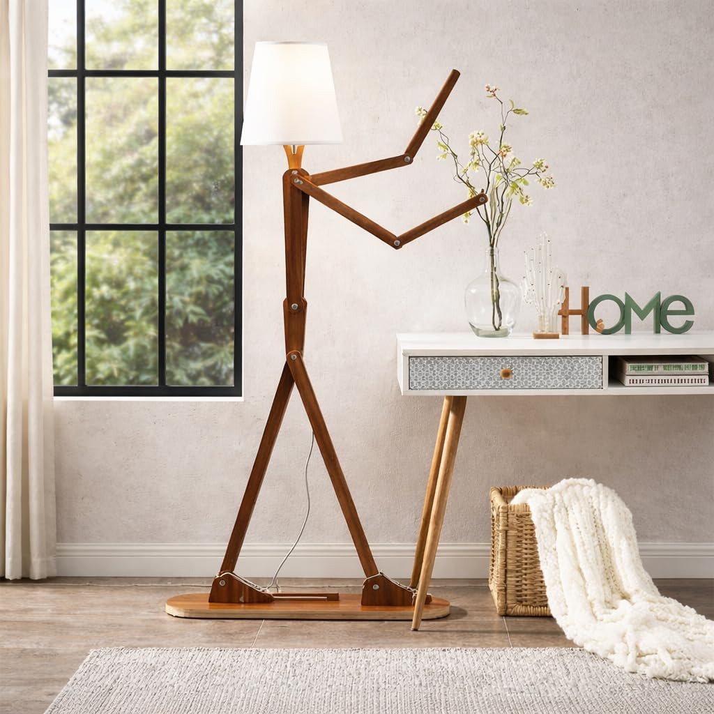 Modern Wooden Swing Arm Floor Lamp with Adjustable Joints | Nordic Standing Light with Fabric Shade | Contemporary Living Room & Bedroom Lighting-image-0