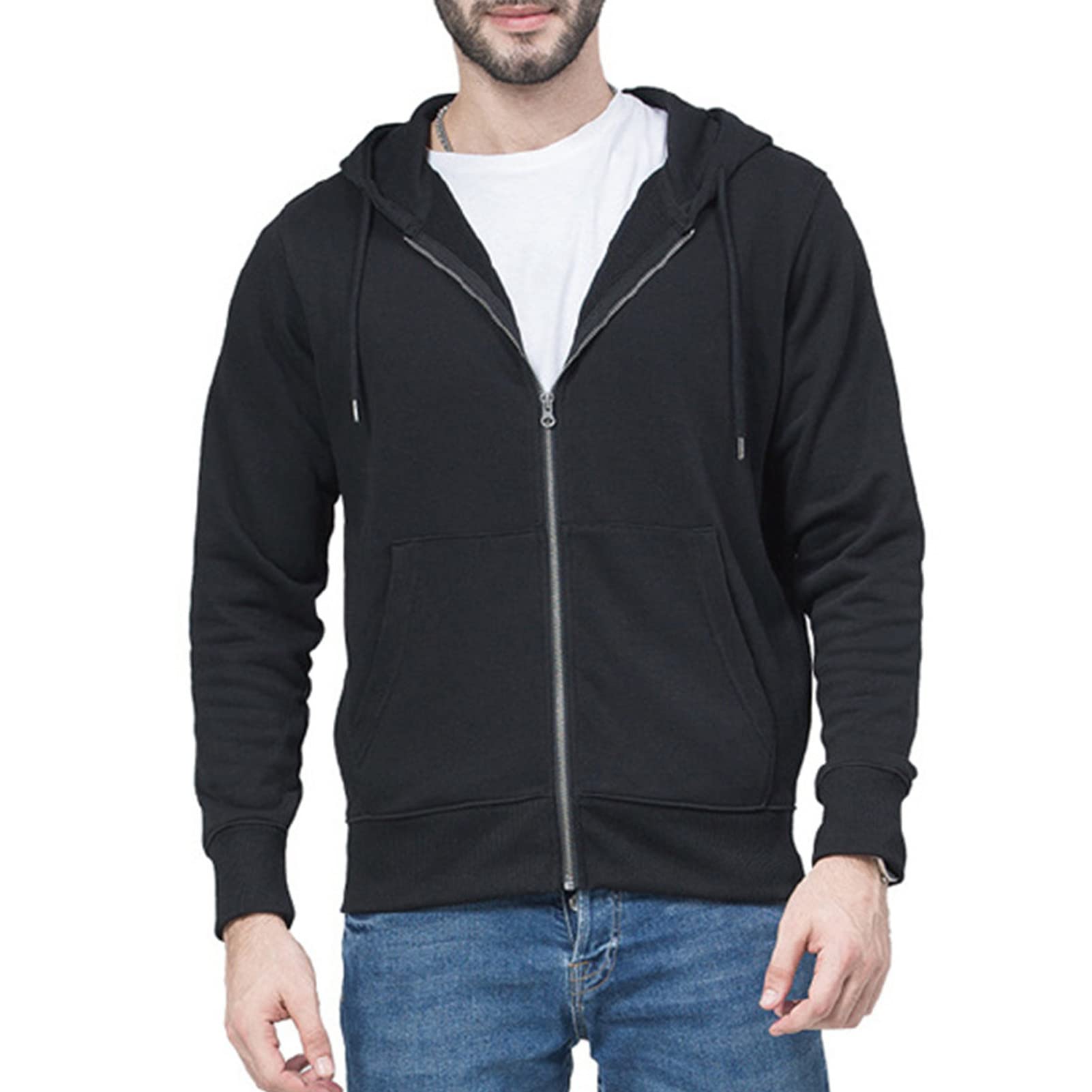 Maiyifu-GJ Men's Full Zip Long Sleeve Hoodies Lightweight Slim Fit Solid Color Hoodie Hooded Sweatshirt With Kanga Pocket (Black,Medium)