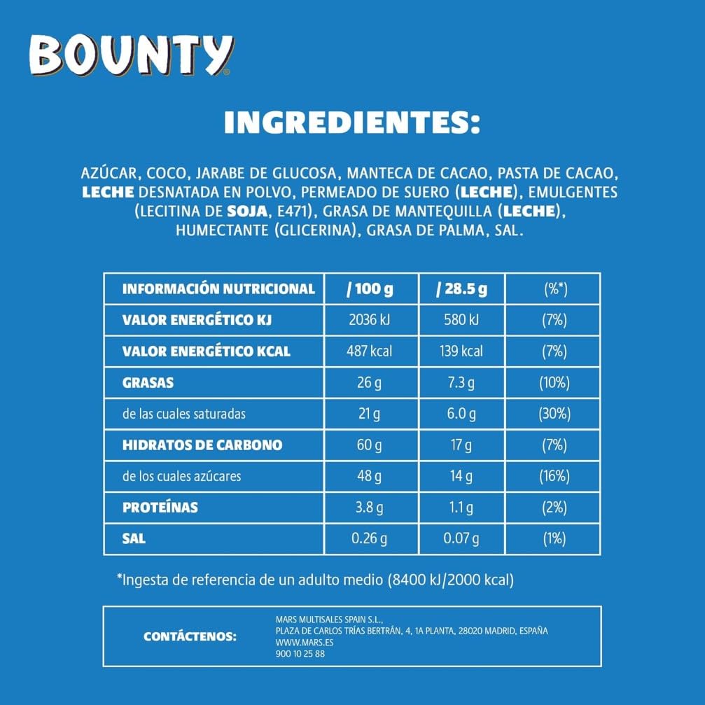 Bounty Chocolatina de Coco recubierta con un delicioso Chocolate con leche (5 x 57g)