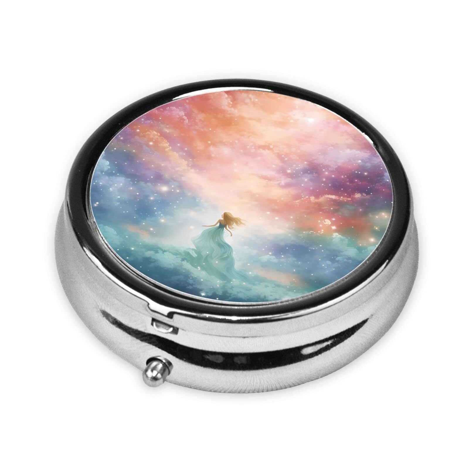 Cute 3-Compartments Round Pill Box Fantasy Paradise Space Small Pill Case Portable Medicine Dispenser,for Pocket Purse