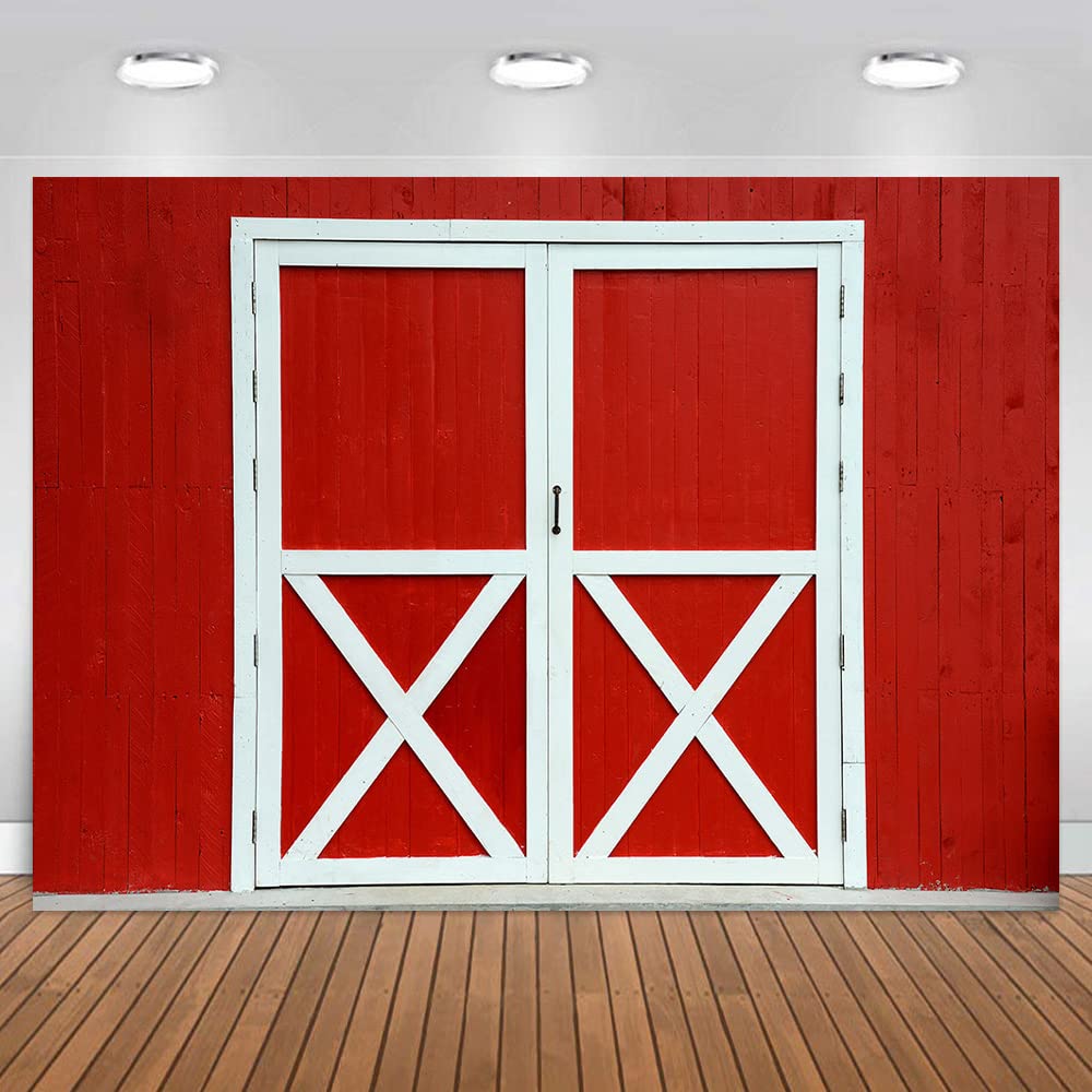 MAQTT 7x5FT Red Barn Door Wild West Country Farmhouse Warehouse Courtyard Children's Photography Birthday Party Baby Shower Ccessories Photo take A