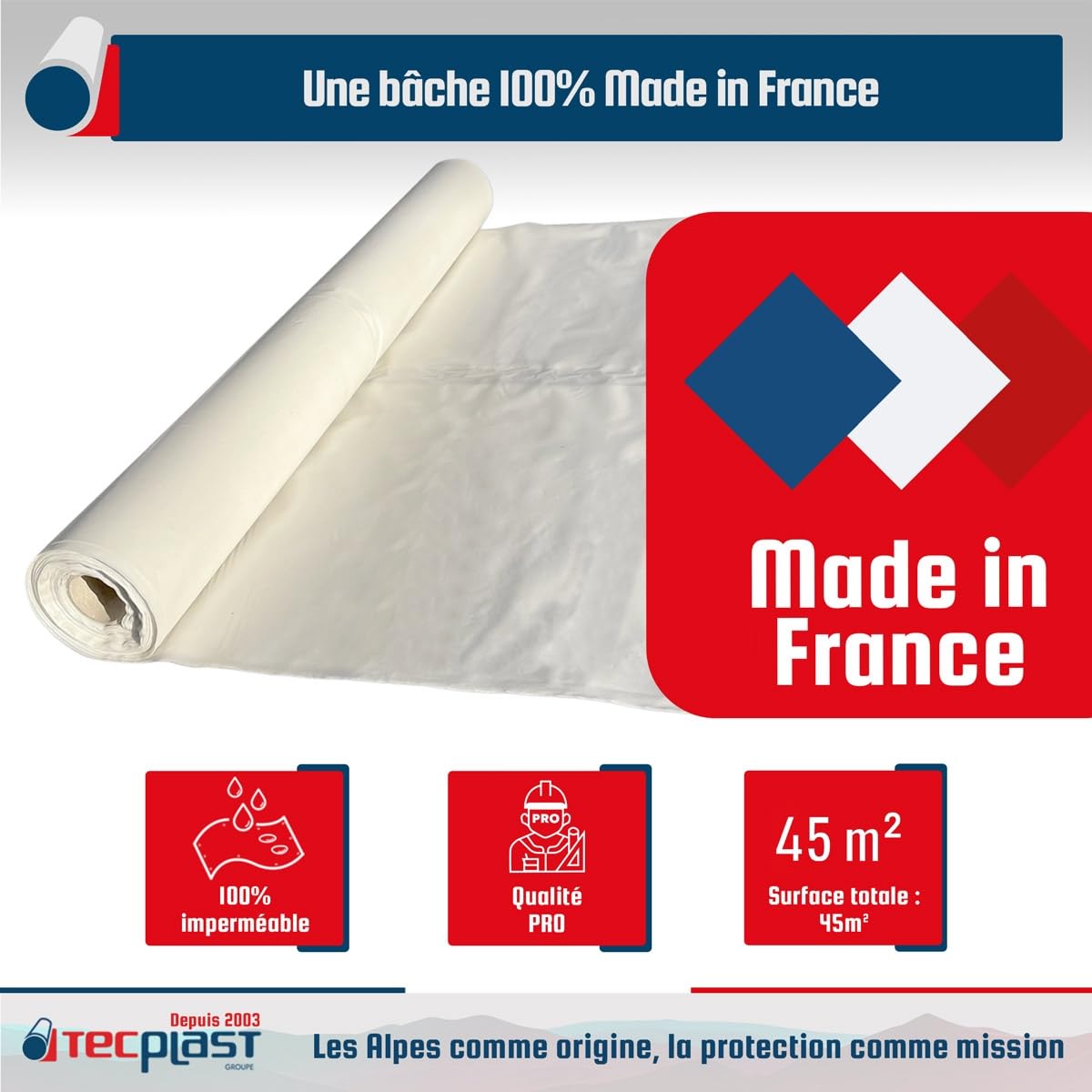 TECPLAST Bâche peinture en ROULEAU 3x15 m 80RPE Translucide - Haute Qualité - Film plastique de protection sol - Made in France