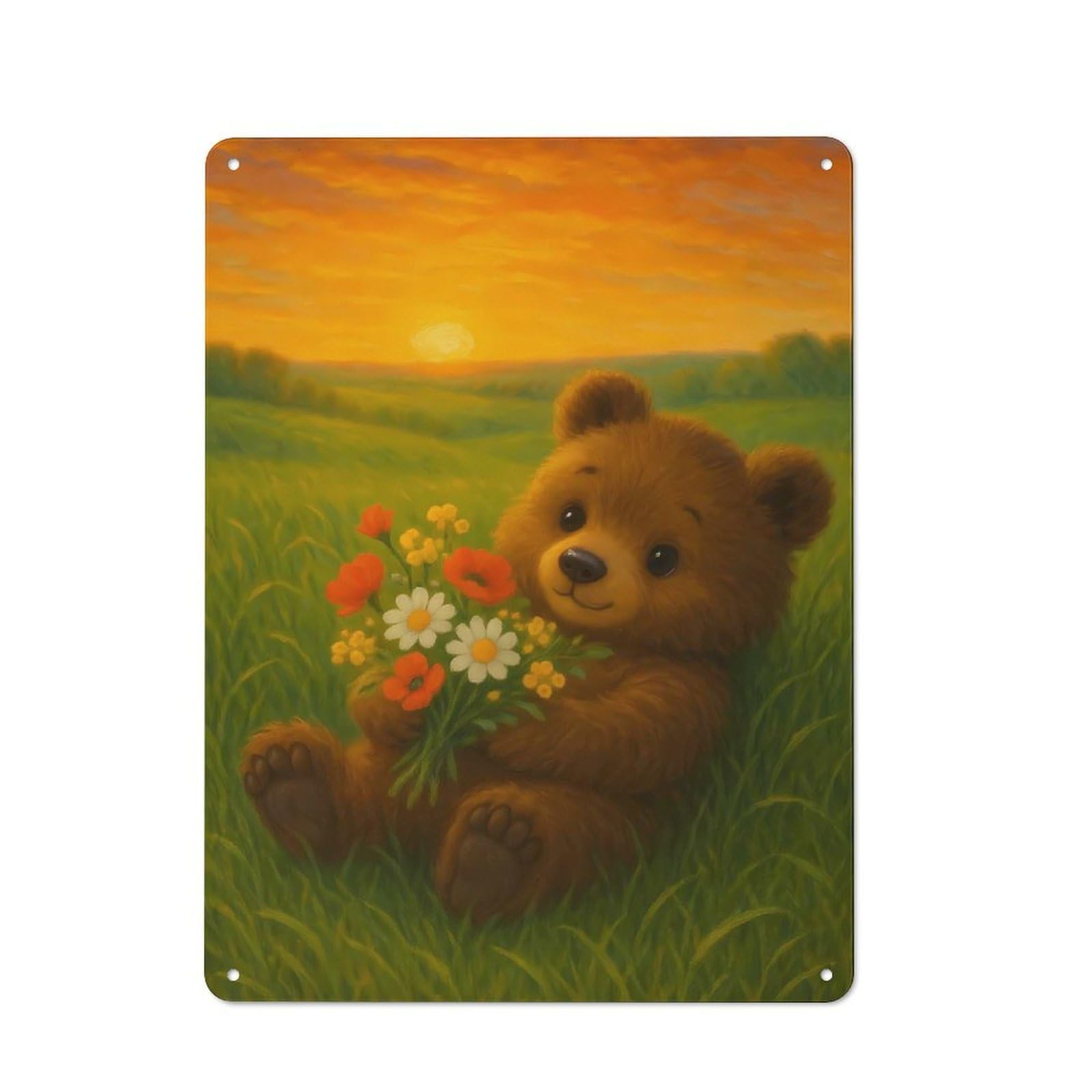 Junmoney Teddy Bear With Flowers At Sunset Printed Metal Sign, Clean Printed Wall Decor For City Themed Room, Study Or Gallery Wall, 40X30cm