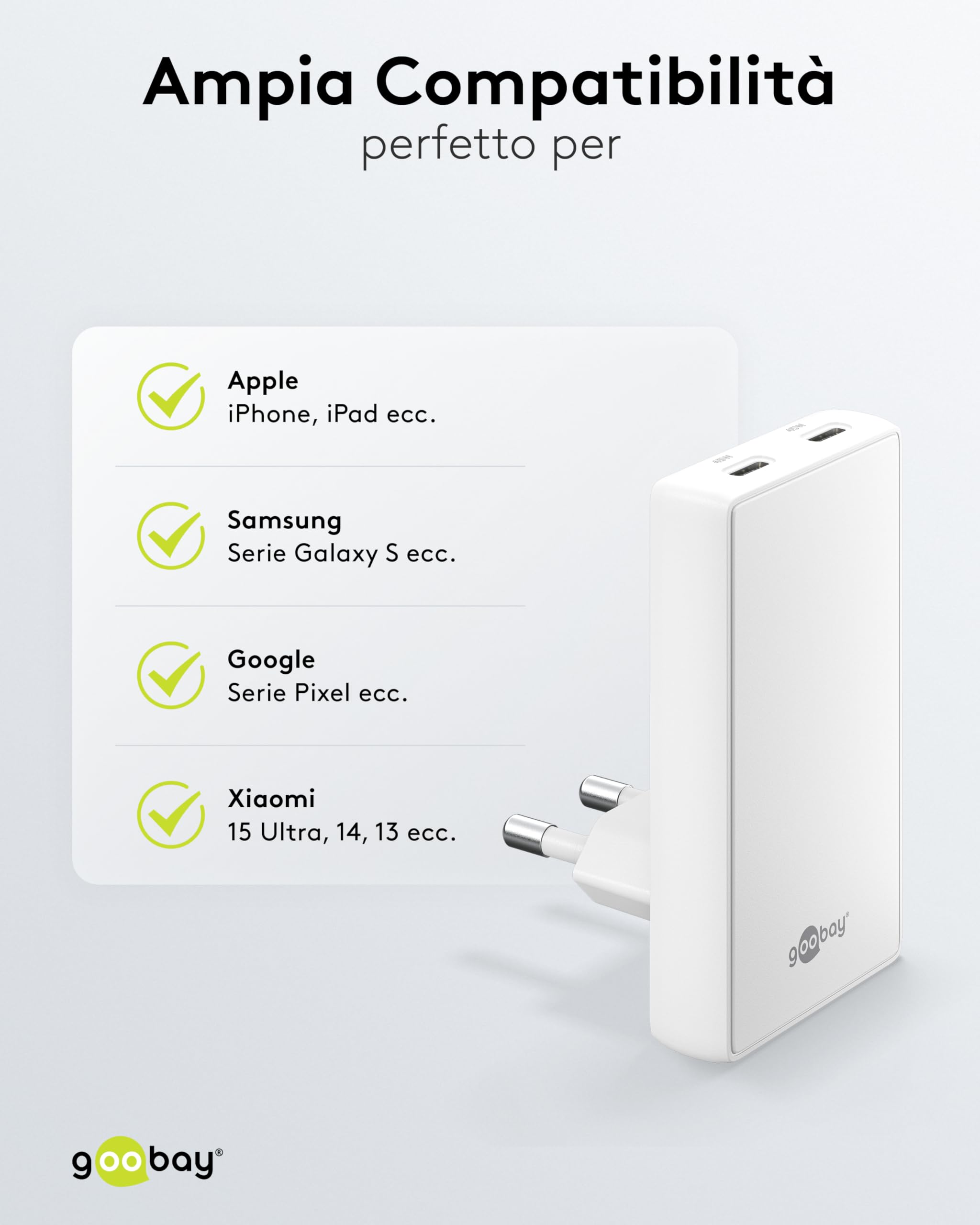 goobay GaN Caricatore USB C piatto da 45 W, doppia porta (2 x USB-C), design piatto a 90°, ultra sottile e salvaspazio, per Apple, Samsung, Huawei, tablet, ecc.,bianco,75722