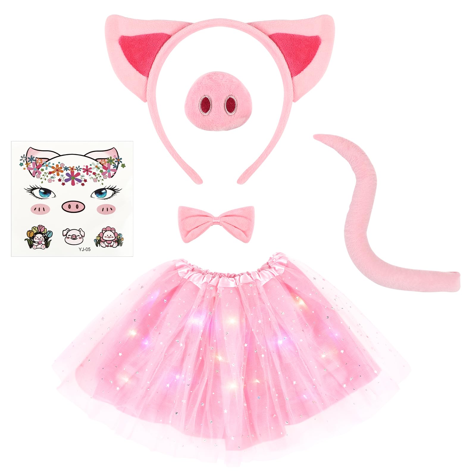 AOOWU Luminoso Costume Animale Bambina, Kit di 6 Pezzi Costume Animale Tutu LED Gonna con Cerchietti Orecchie maiale Naso Coda Papillon Adesivi per Halloween, Carnevale Cosplay Party