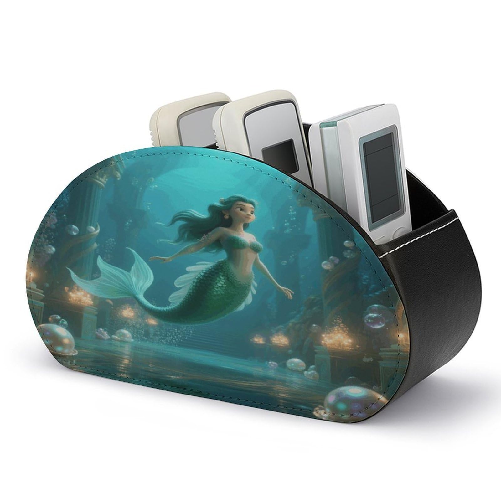 VstaDank - Mermaid Remote Control Holder in Underwater Palace PU Leather Multifunctional Office Organizer Makeup Brush Holder Desk with 5 Compartments