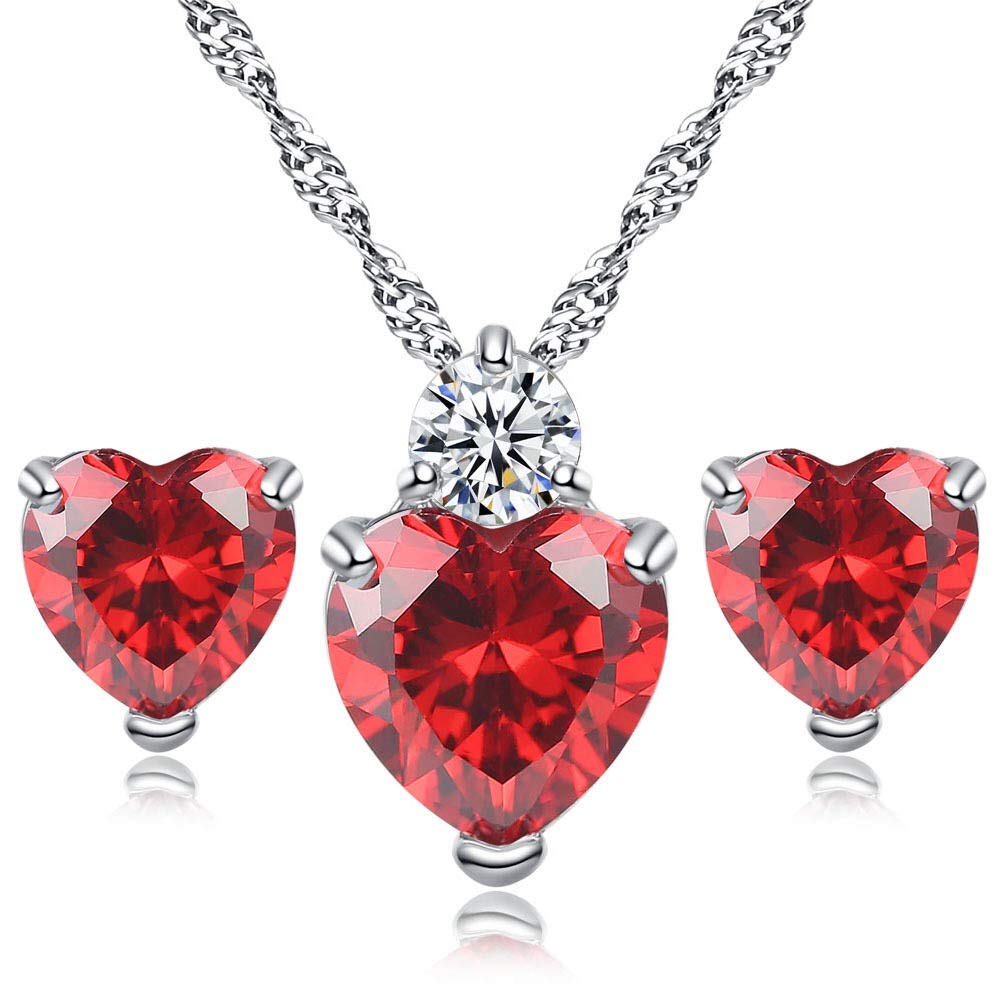 AILUORAILUOR White Gold Plated Simulated Ruby Crystal Heart Necklace and Stud Earrings Set - Queen of Hearts Pendant Jewelry Set Silver Chain January Birthstone Evie Red Heart Jewelry Gifts for Women