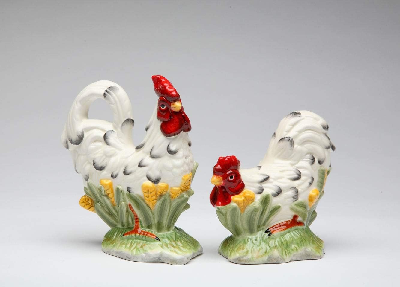 Fine Ceramic Rooster Hen in White and Black Accents Design Salt & Pepper Shakers Set, 5" H