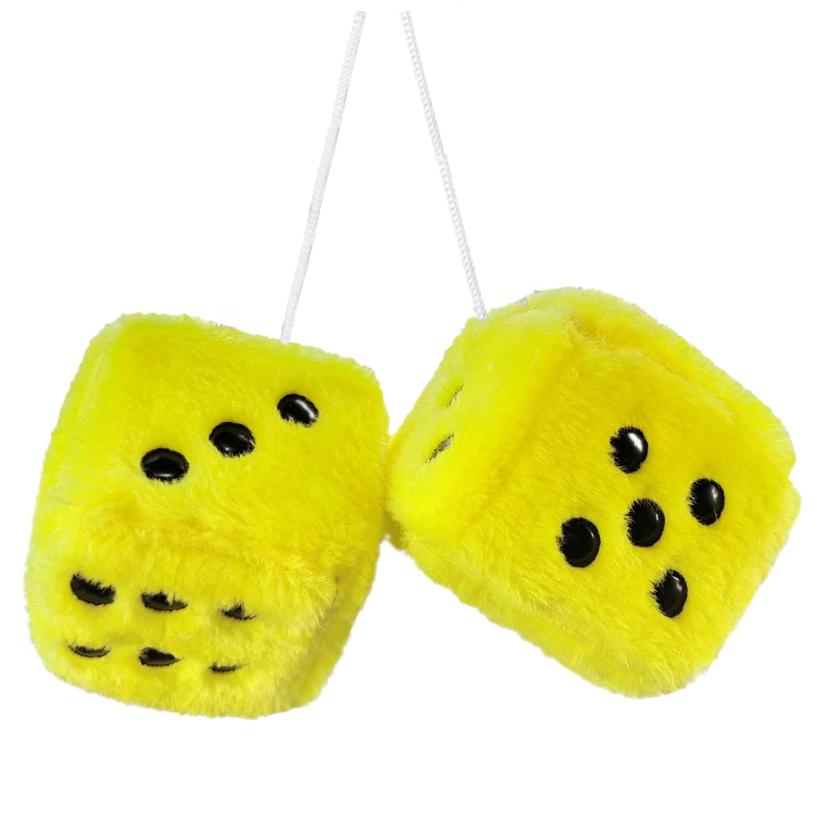 Pair 3” Yellow with Black Dots Mirror Fuzzy Plush Dice, Yellow and Black Soft Plush Car Decorative Hanging Ornament