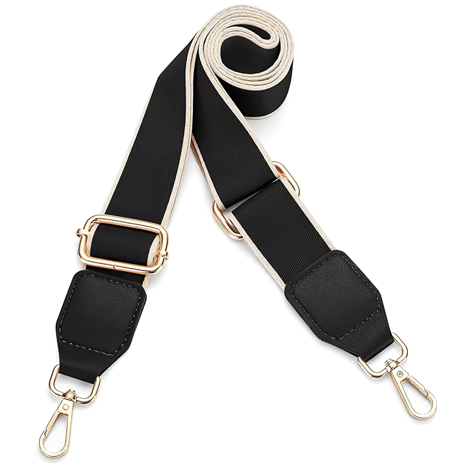 TecoKart® Wide Adjustable Bag Straps for Sling Bag with Comfortable Padding | Bag Belt Strap with Light Gold Buckle | Detachable Bag Straps for Shoulder Bags, Black