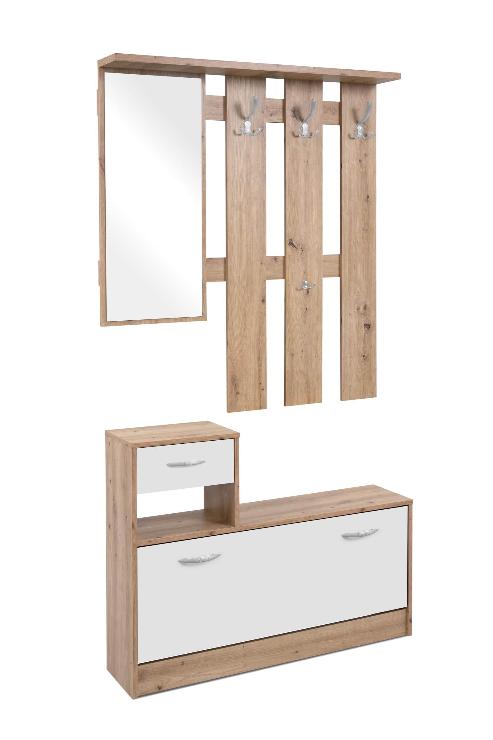 möbelando Kompaktgarderobe Rudolf Garderobe mit Spiegel Stauraum 100x180x25 cm Artisan Eiche Weiß