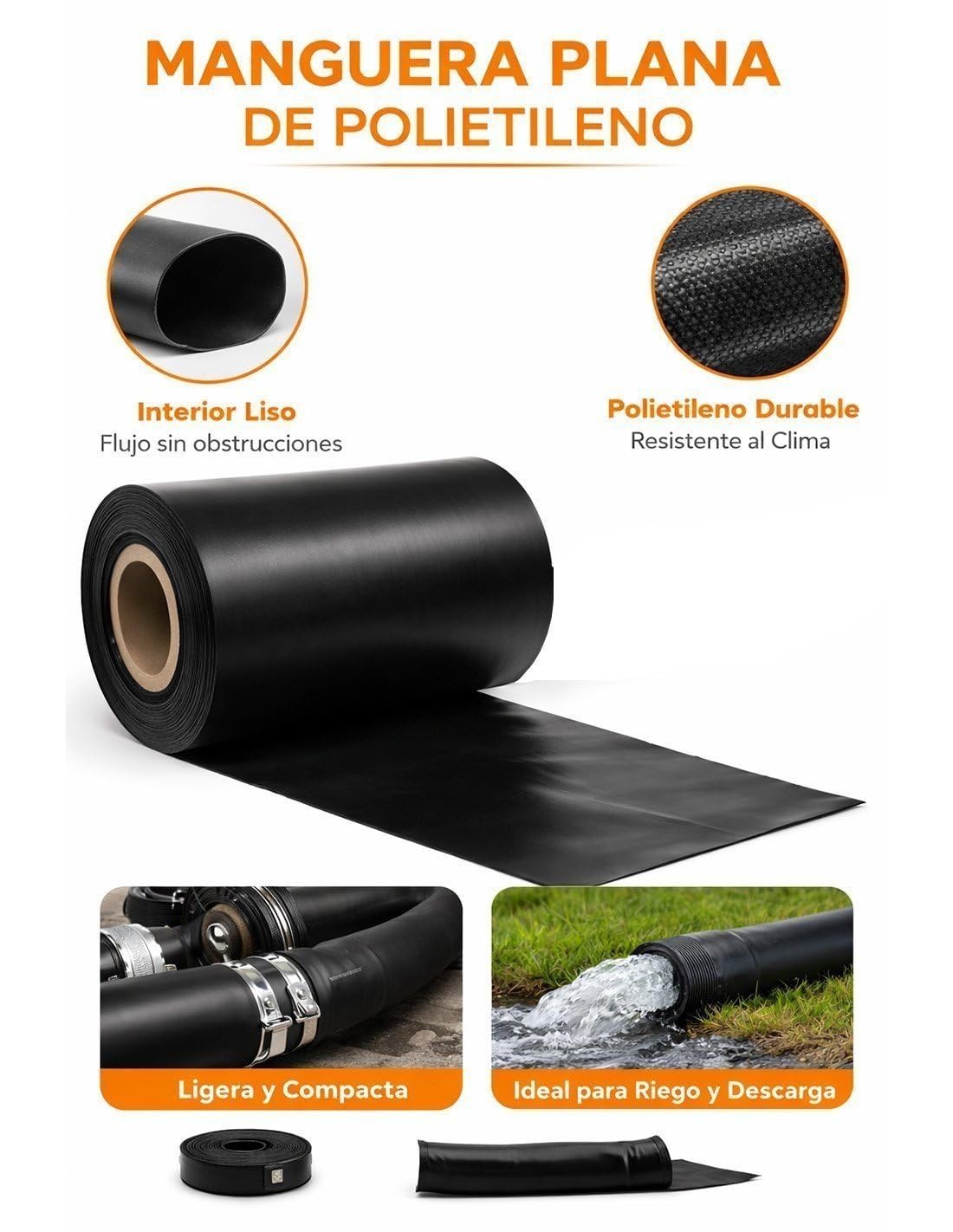 JARDIN202 - Manguera Plana Plastocanal Negra 2000 Galgas | Resistente | Riego por Gravedad y Trasvase | Agricultura | Rollos 50m y 100m | Rollo 50 metros (300 mm)