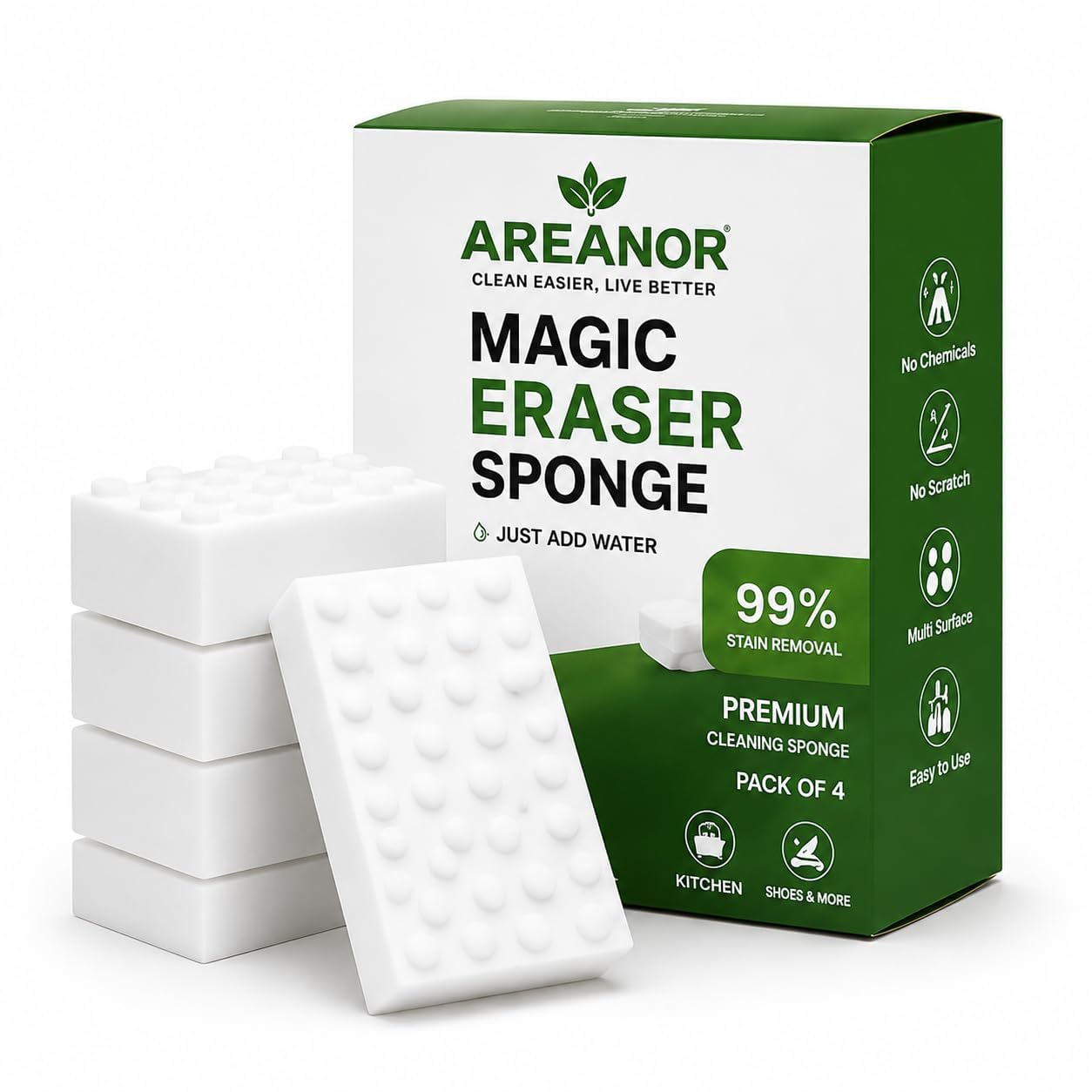 Magic Eraser Cleaning Sponge | Pack of 4 | Multi-Purpose, Chemical-Free Stain Remover for Kitchen, Bathroom, Walls, Shoes & More | Tough on Dirt, Gentle on Surfaces (White)-image-29