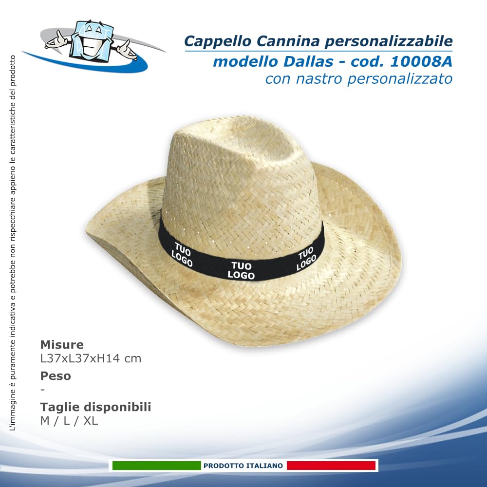 300 Cappelli personalizzati in Cannina 100 % Paglia Naturale disponibili 11 Modelli: Alpino, Cowboy, Borsalino, Pastorella, Indiana J., Gondoliere, Texano, Bombetta, Cubano con nastro personalizzato