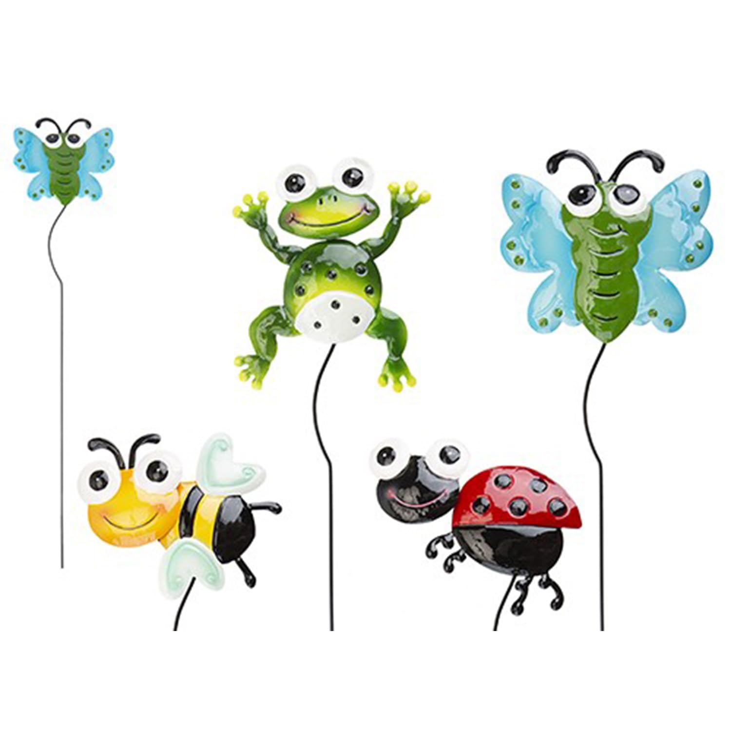 Pms 4 X Happy Animals On Metal Stake Bee Frog Ladybird - Garden Pot Ornament 51Cm