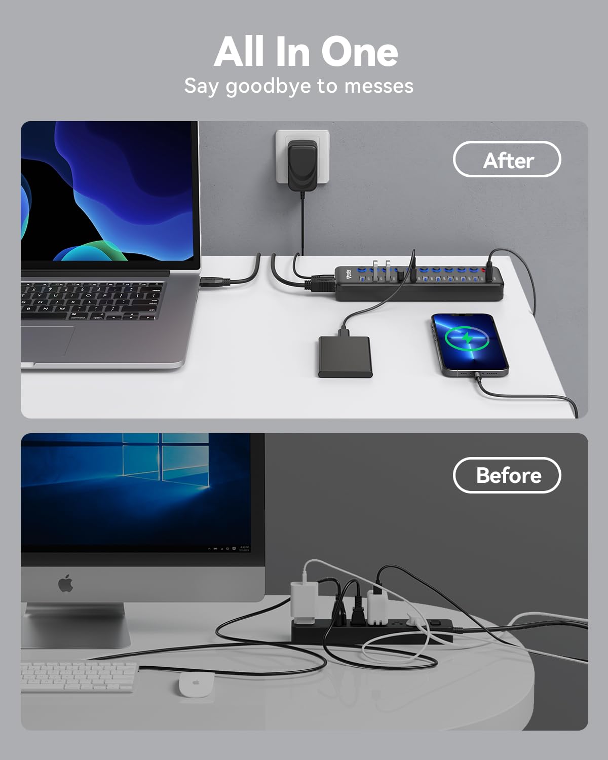 HUB USB 3.0 Alimentado Externa, WENTER Multipuerto USB 11 en 1, 10 Puertos de hub USB 3.0 y 1 Puertos de Carga rápida Indicador Ladron USB Concentrador USB LED y Active Switch con Adaptador de Corrien