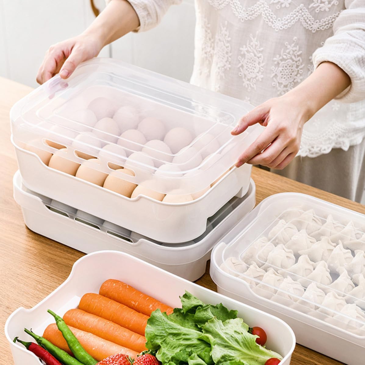 Stackable Plastic Egg Holder for Refrigerator with Groove Design and Egg Protection Drawer Type for Kitchen and Home Use Sturdy Pp Material
