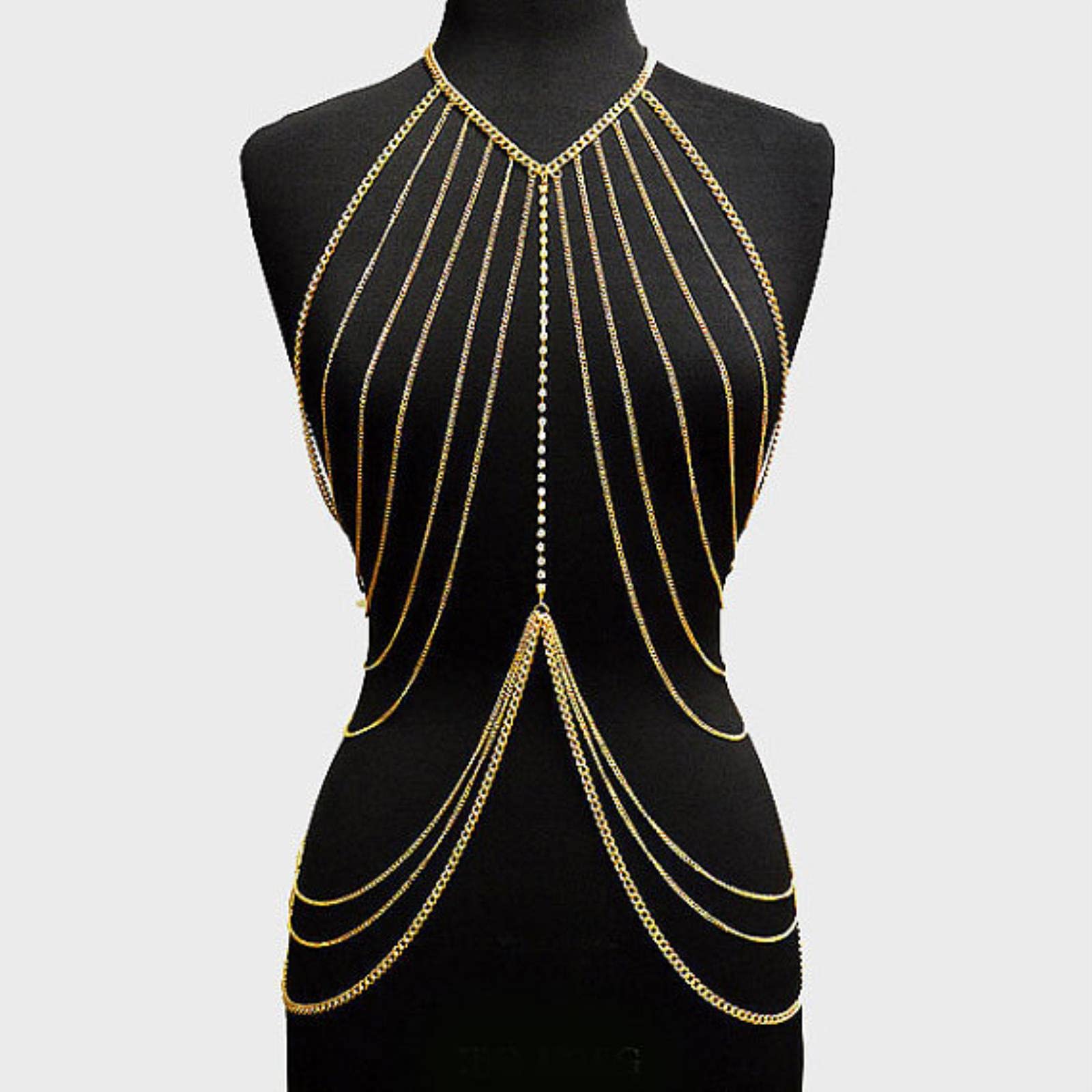 RWRAPS Mehrschichtiger Ganzkörper-Kettengeschirr für Frauen, glänzend, sexy Bauch-Accessoires, Goldfarbe, Damen-Mode-Taillenschmuck (Gold)