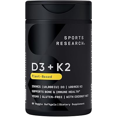 Sports Research® Vitamin D3 + K2 with 10,000iu of Plant-Based D3 & 100mcg of Vitamin K2 as MK-7 | Non-GMO Verified & Vegan Certified 60ct