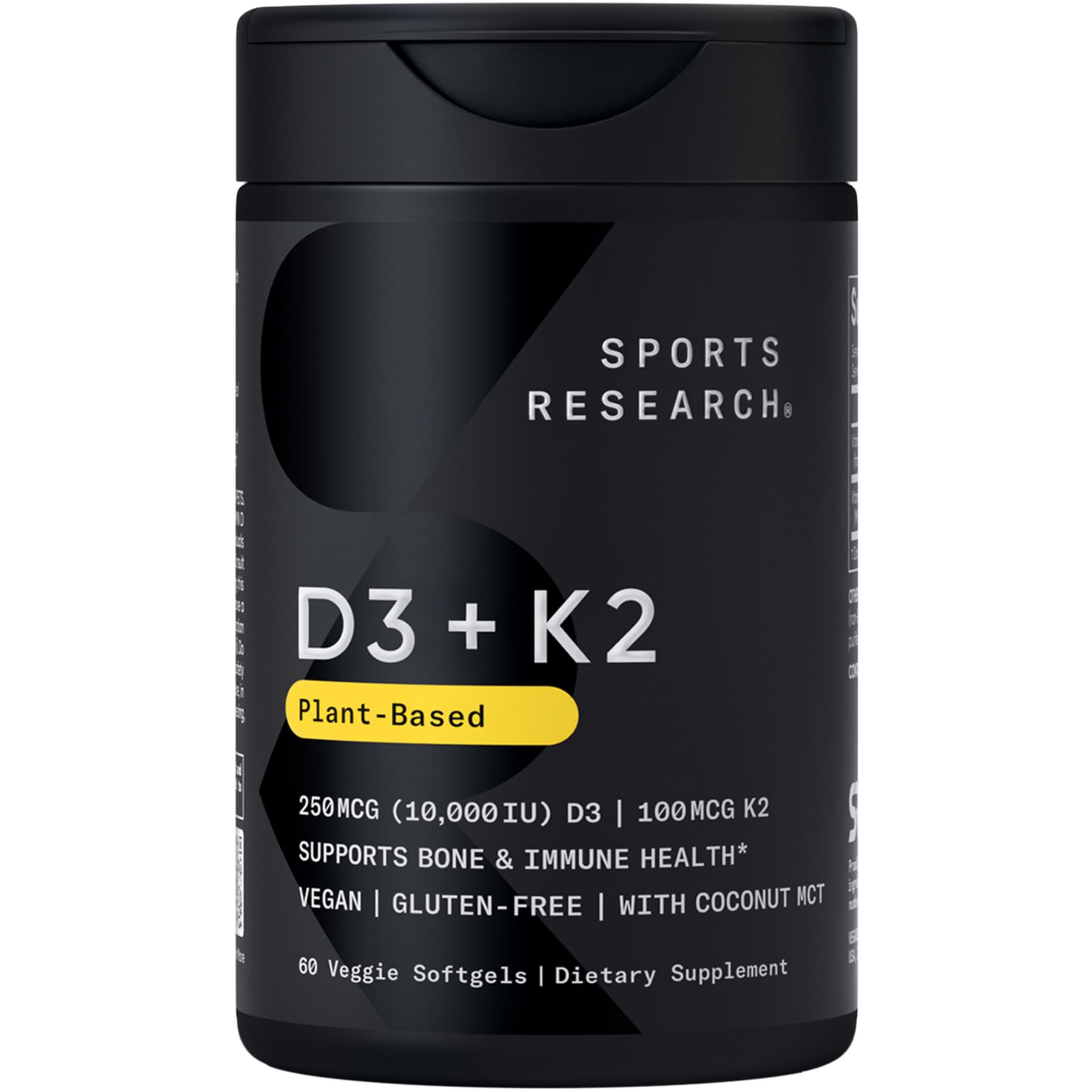 Sports ResearchVitamin D3 + K2 with 10,000iu of Plant-Based D3 & 100mcg of Vitamin K2 as MK-7 | Non-GMO Verified & Vegan Certified 60ct
