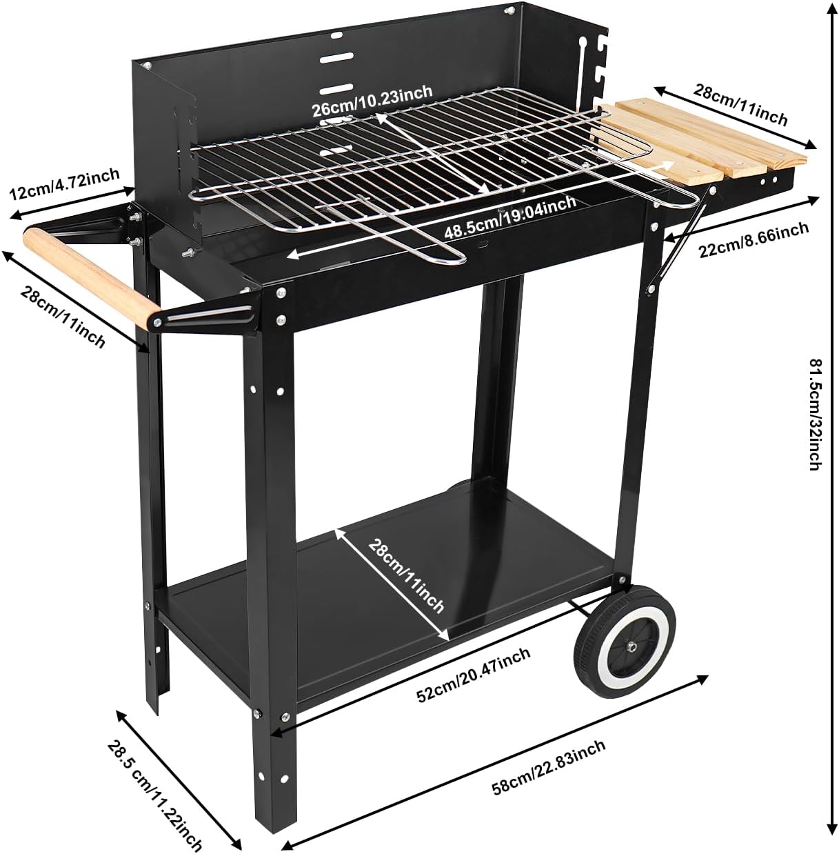 Charcoal Grill, Outdoor BBQ Portable Grill with Side Table and Wheel, Folding Grill for Outdoor Cooking Camping Garden (Black)