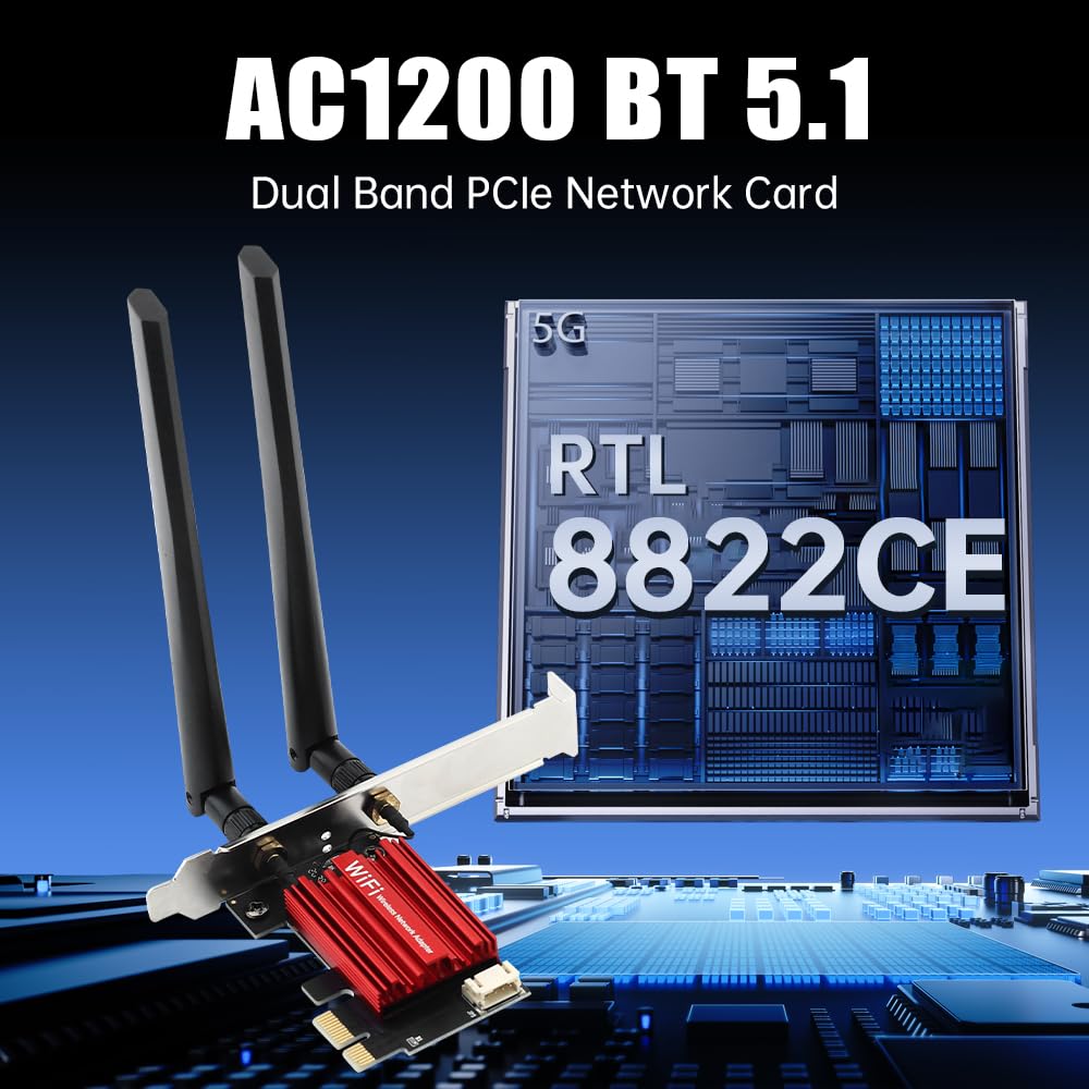 Tarjeta de red PCIe AC1200 de doble banda para escritorio con Bluetooth 5.1, compatible con Windows 10/11, transmisión de oficina para juegos, 2 antenas de alta ganancia