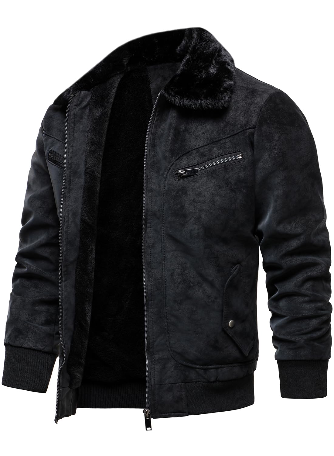 HOOD CREW Herren Kunstpelz Bomberjacke Fleece Gefütterte Winterjacke Vintage Kunstleder Jacke Mit Pelzkragen
