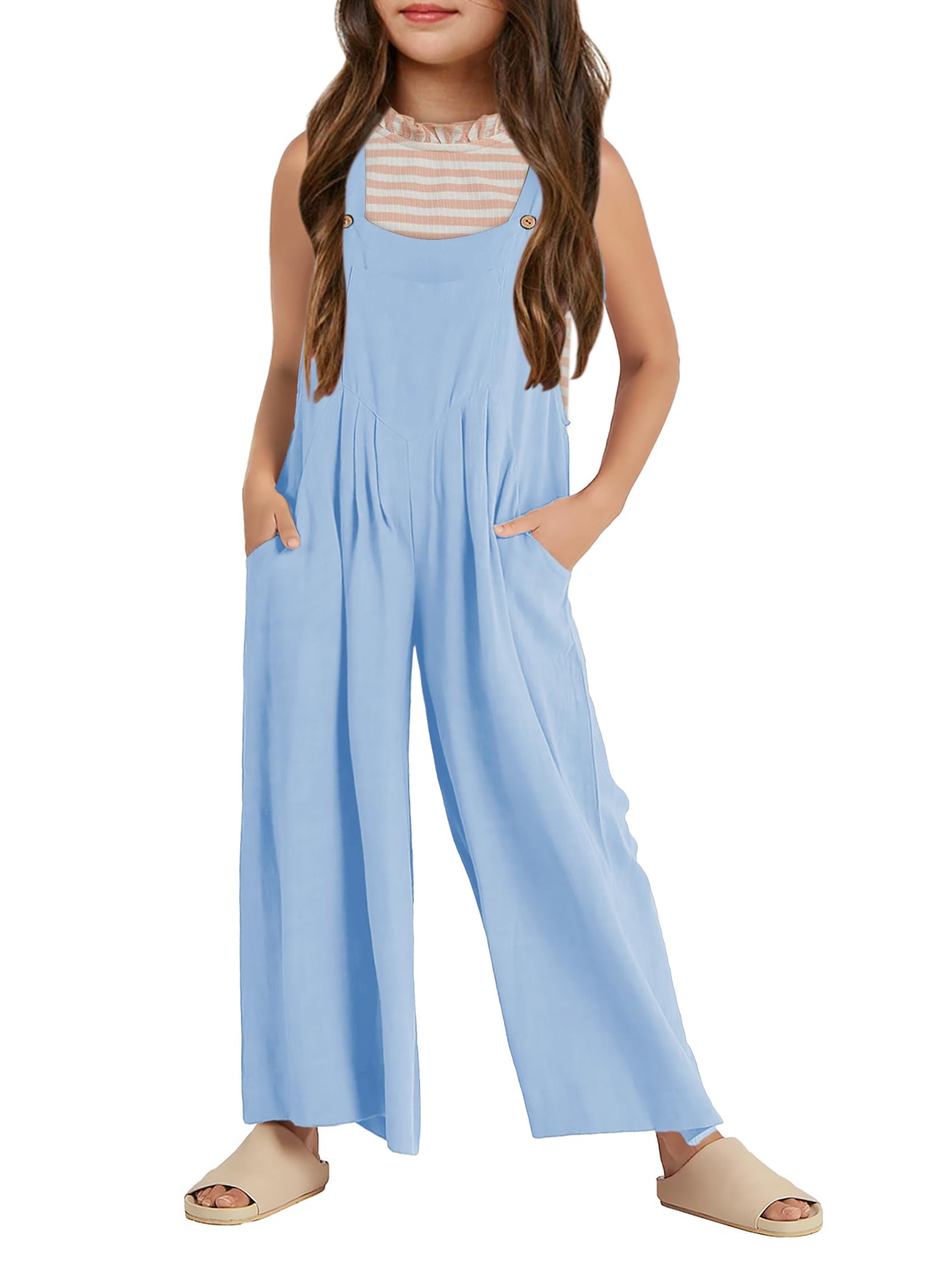 Haloumoning Girls Overalls Kids Casual Sleeveless Wide Leg Jumpsuit Loose Rompers with Pockets 5-14 Years