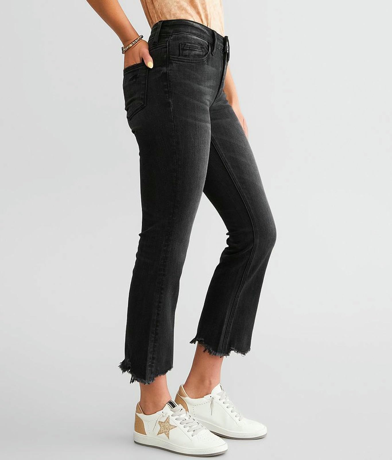 Jeans Donna Women's High-Rise Frayed Hem Cropped Slimbell-Bottom Pantaloni alla Moda Donne Stretch Skinny Jeans-Nero-XL