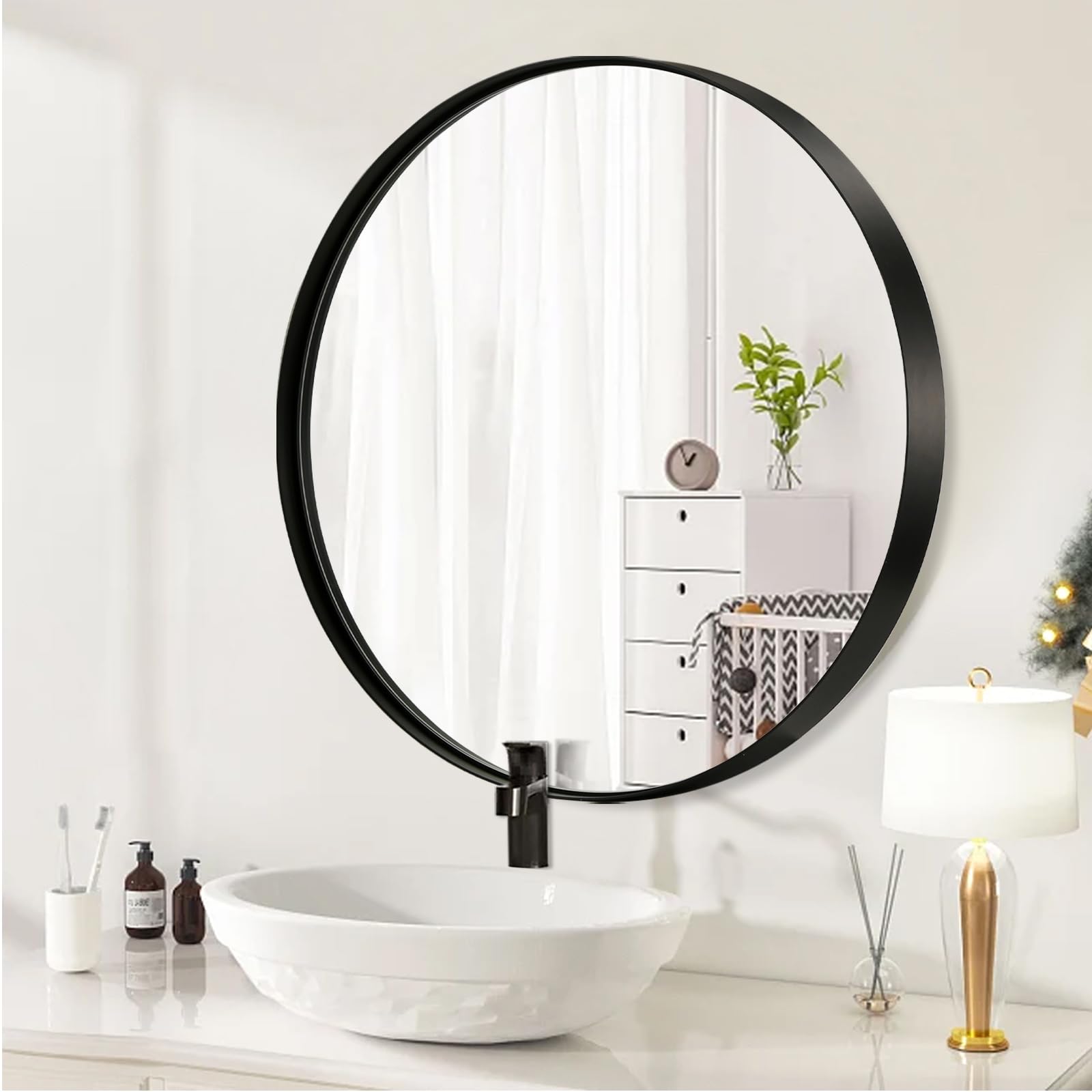 JENBELY 32.5 Inch Round Mirror, Black Round Bathroom Mirror, Circle