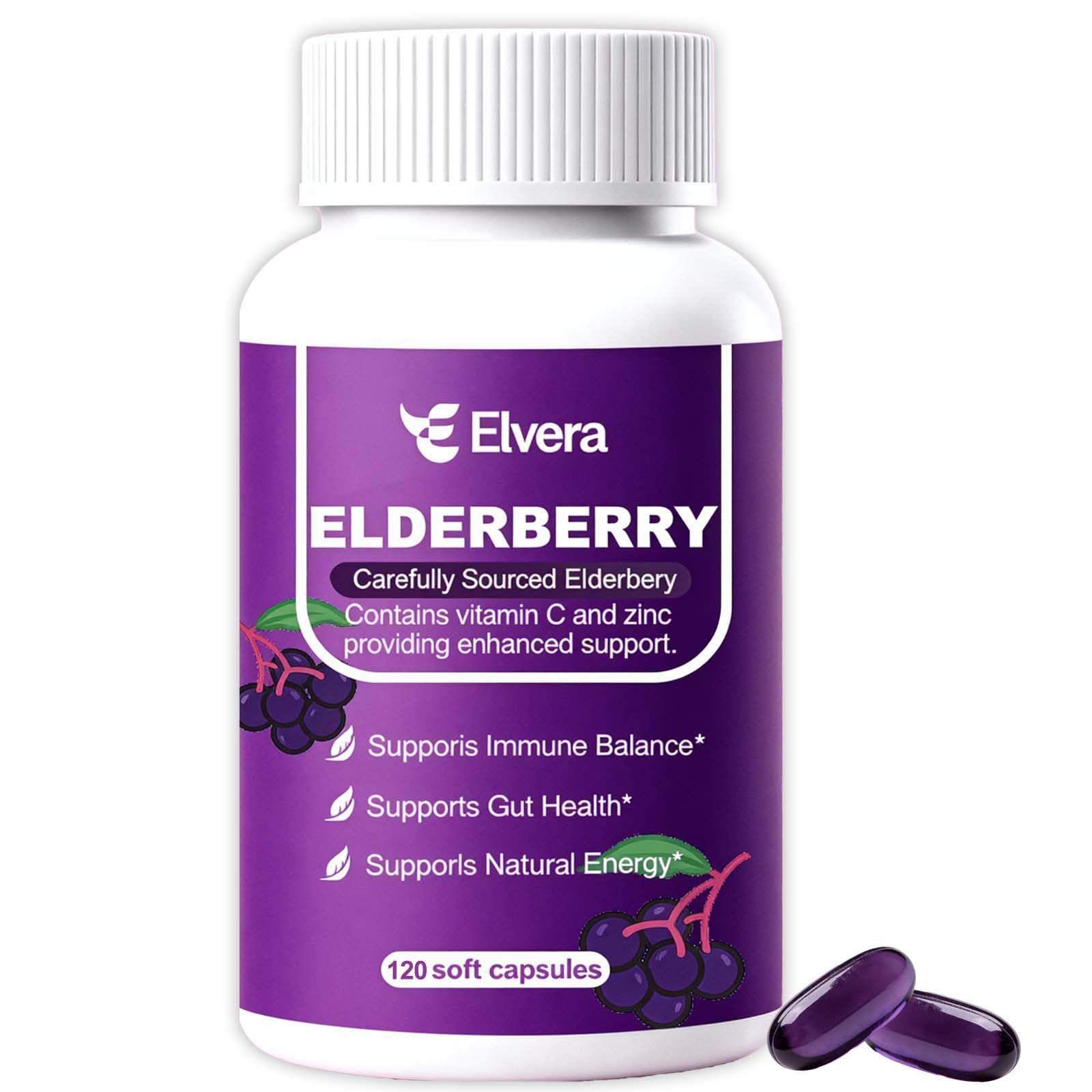 Elderberry - EIvera Gut Support Complex, 3-in-1 Gut Support Complex with Zinc & Vitamin C, Organic Black Elderberry Capsules for Immune Support & Digestive Balance, Vegan & Non-GMO (1pcs)
