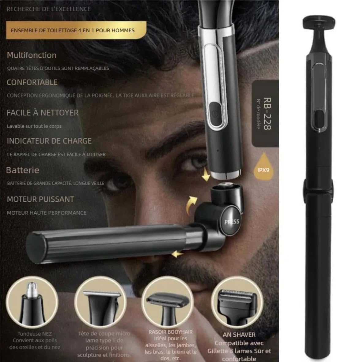 Rasoir Électrique pour le Dos pour Homme, 4 en 1, Kit de Tondeuse pour le Corps Multifonction en Libre-Service, Humide ou Sec, Noir, ABS, pour les Voyages
