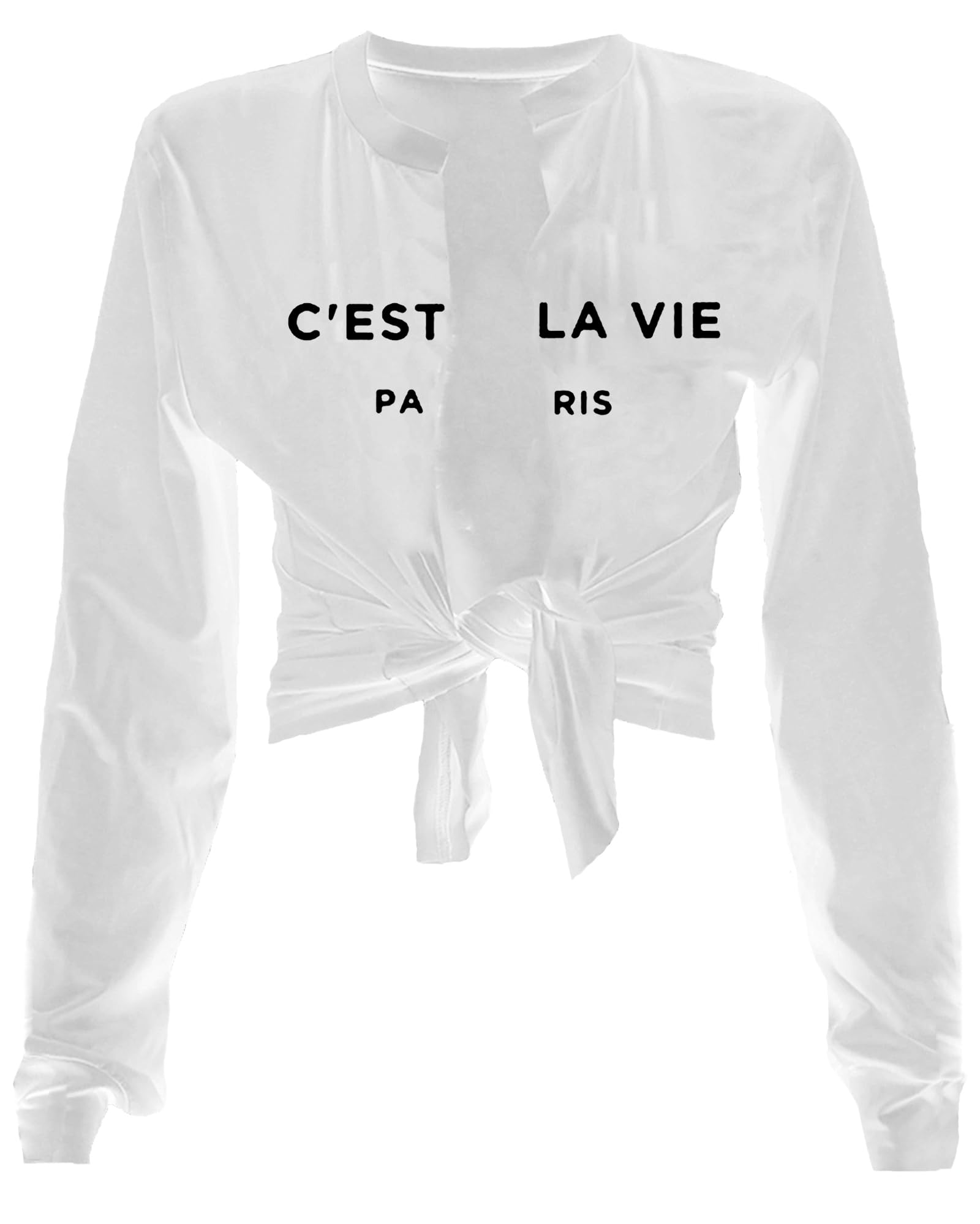 ZoyamiWomens Sexy Tie Front Crop Top Long Sleeve Graphic Tee Shirt Clubwear