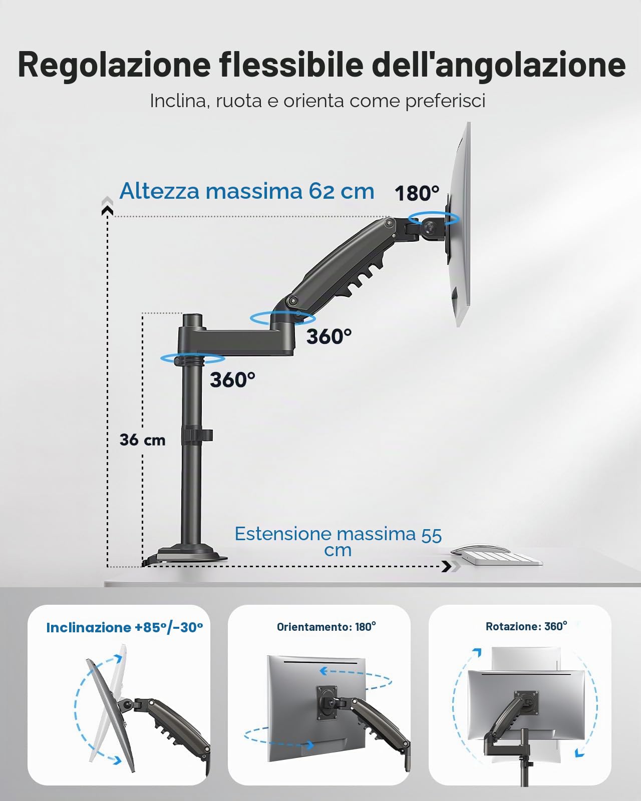 HUANUO Supporto schermo PC per schermo curvo da 13 a 32 pollici, braccio schermo PC regolabile in altezza, rotazione a 360° supporti VESA supporto schermo 75 x 75/100 x 100 mm
